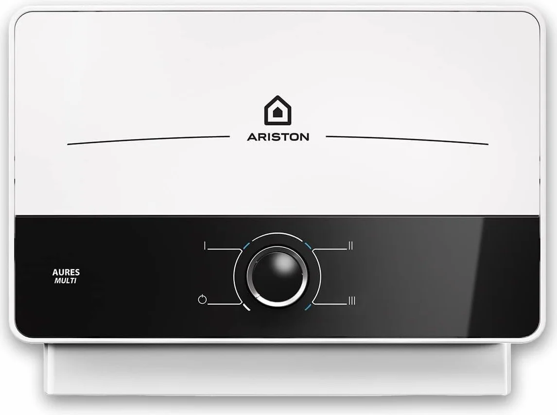Ariston Aures SM - Termo Eléctrico Vertical Instantáneo, Calentador de Agua Eléctrico Tamaño Reducido, 17,8x30,4x9,8 Fabricado para Instalación en España, Blanco/Negro - Eficiencia A, Rango (A+/F)