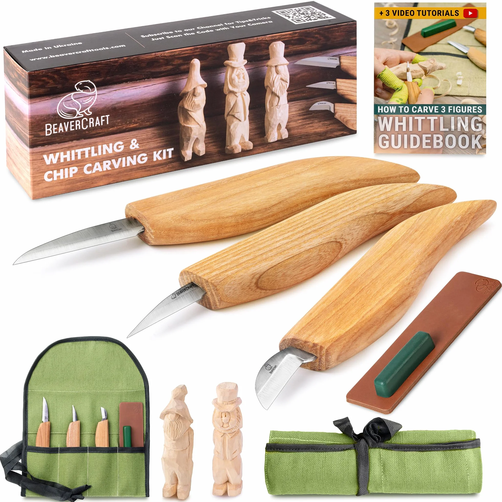 BeaverCraft S15 Kit Cuchillos Tallado Madera – Sloyd Detalle, Correa Cuero, Compuesto Pulido