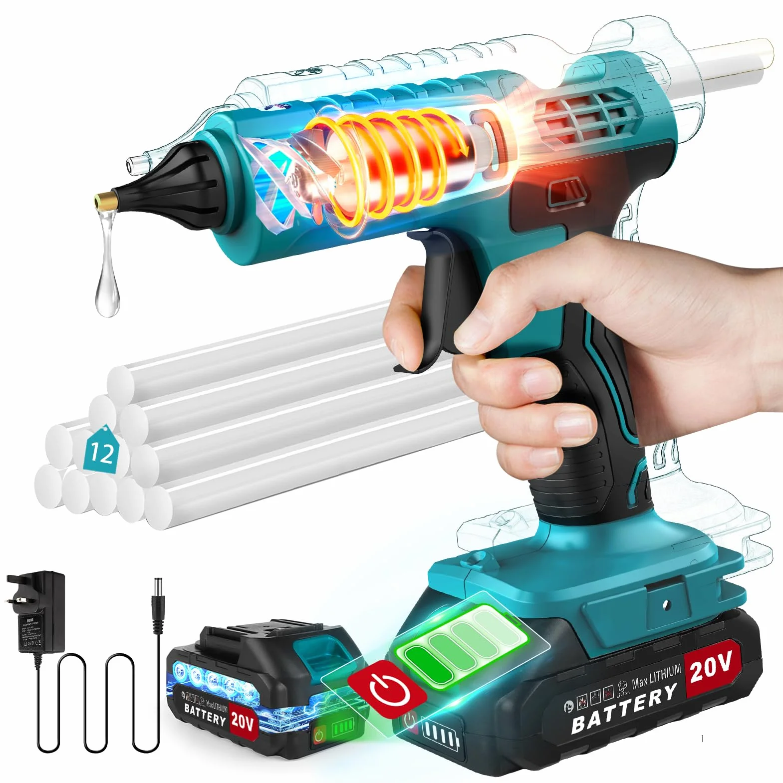 Pistola de Pegamento Caliente Inalámbrica con Batería de 100 W, con Batería de 21 V y 2000 mAh y Cargador, Pistola de Pegamento de Calentamiento Rápido con 12 barras de Pegamento, Pistola de Pegamento