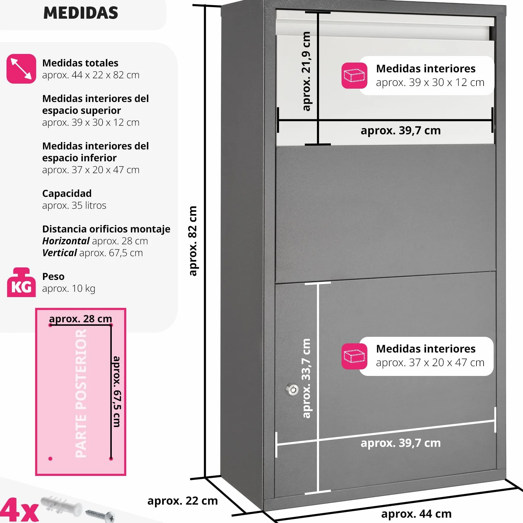 tectake® Buzón Exterior XXL, Buzón para Paquetes y Cartas, Cerradura de Cilindro Antirrobo con 2 llaves, Buzón Correos Premontado, Chapa de Acero, Robusto, Espacioso, 44x22x82 cm, Entrega sin Contacto