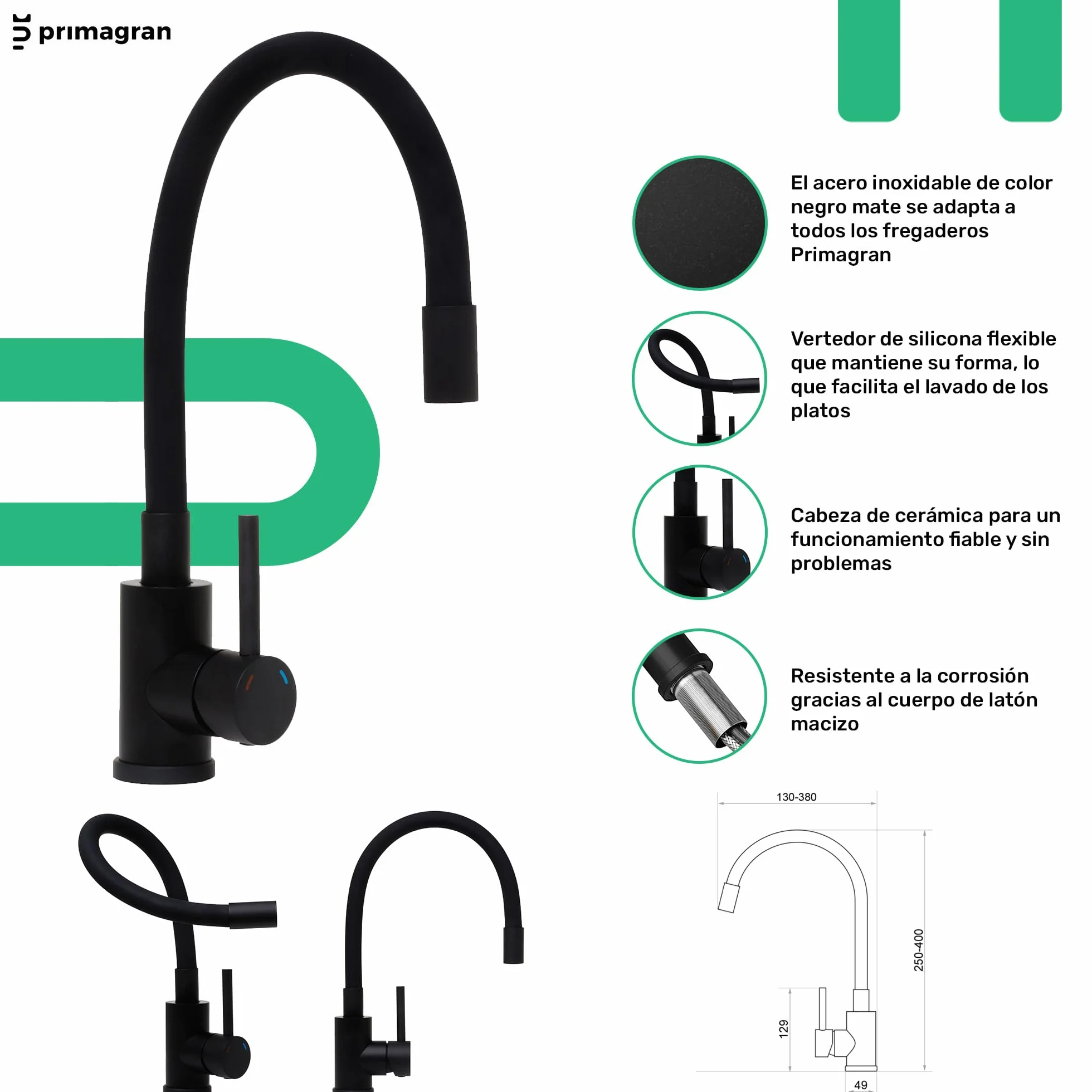 PRIMAGRAN Fregadero Granito Todo Negro 78x50cm, Cocina 2 Senos + Grifo 40x38cm + Sifón + Tabla de Cortar, Sobre Encimera al Mueble 80cm - Oslo Duo Top S100