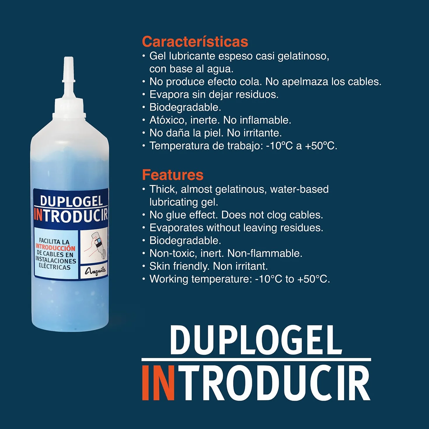 Anguila | Duplogel Introducir | Gel Lubricante | Base de Agua | 500cc | Instalación de Cables