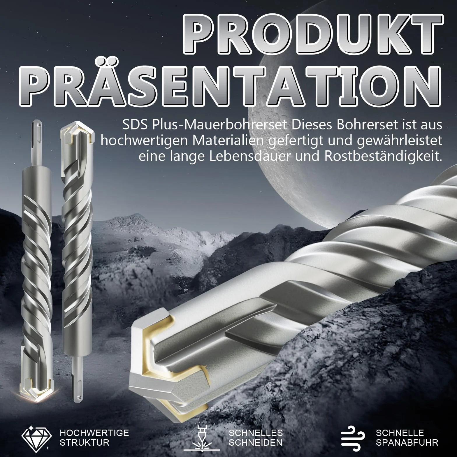 Juego de brocas SDS Plus de 12 mm × 460 mm, de metal duro profesional, para hormigón, mampostería y piedra, 3 piezas, duraderas y potentes