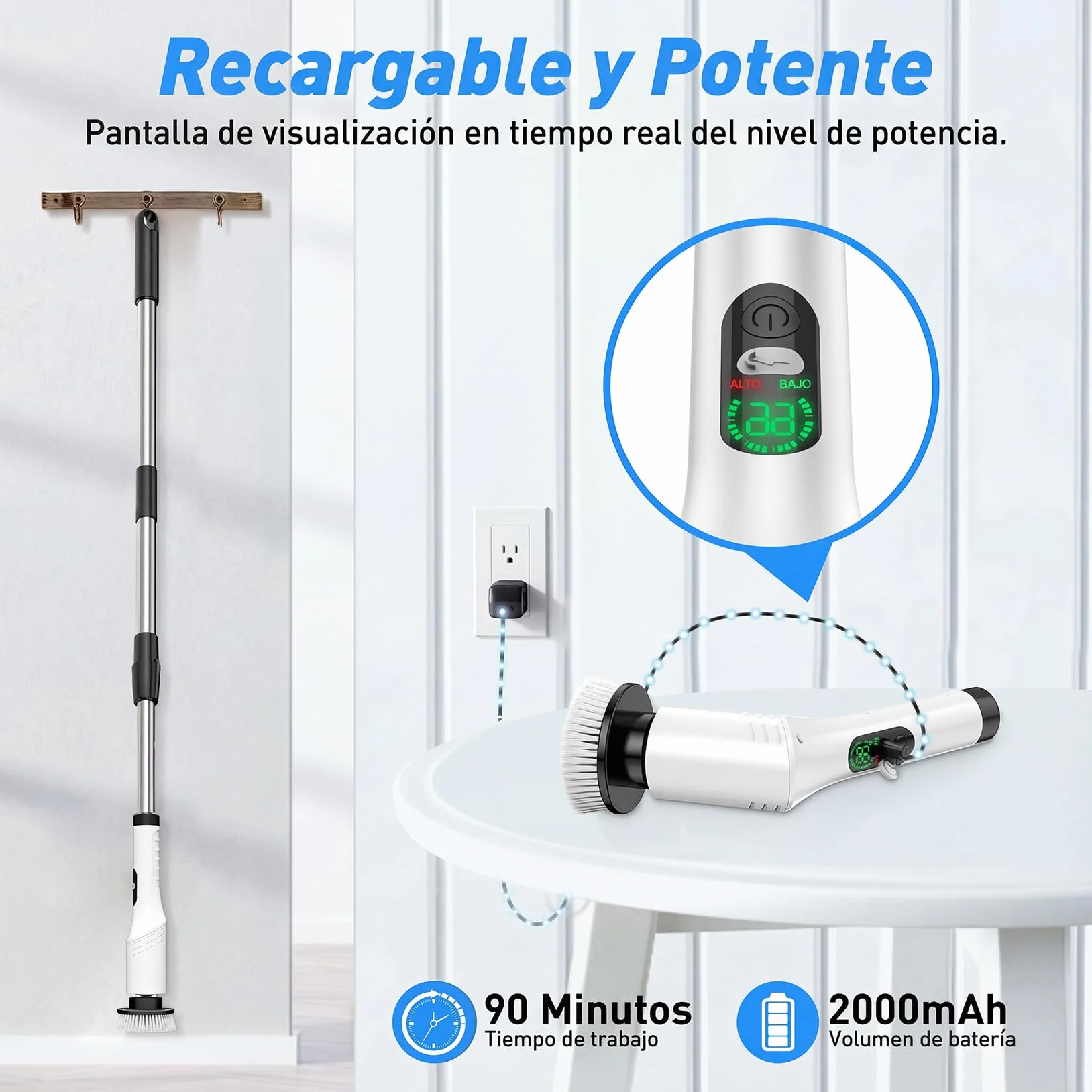 Cepillo Electrico Limpieza Hogar, Cepillo Limpieza Electrico con 9 Cabezales Reemplazables Mango Telescópico Ajustable para Hogar, Baño, Suelos, Cocina, Azulejos