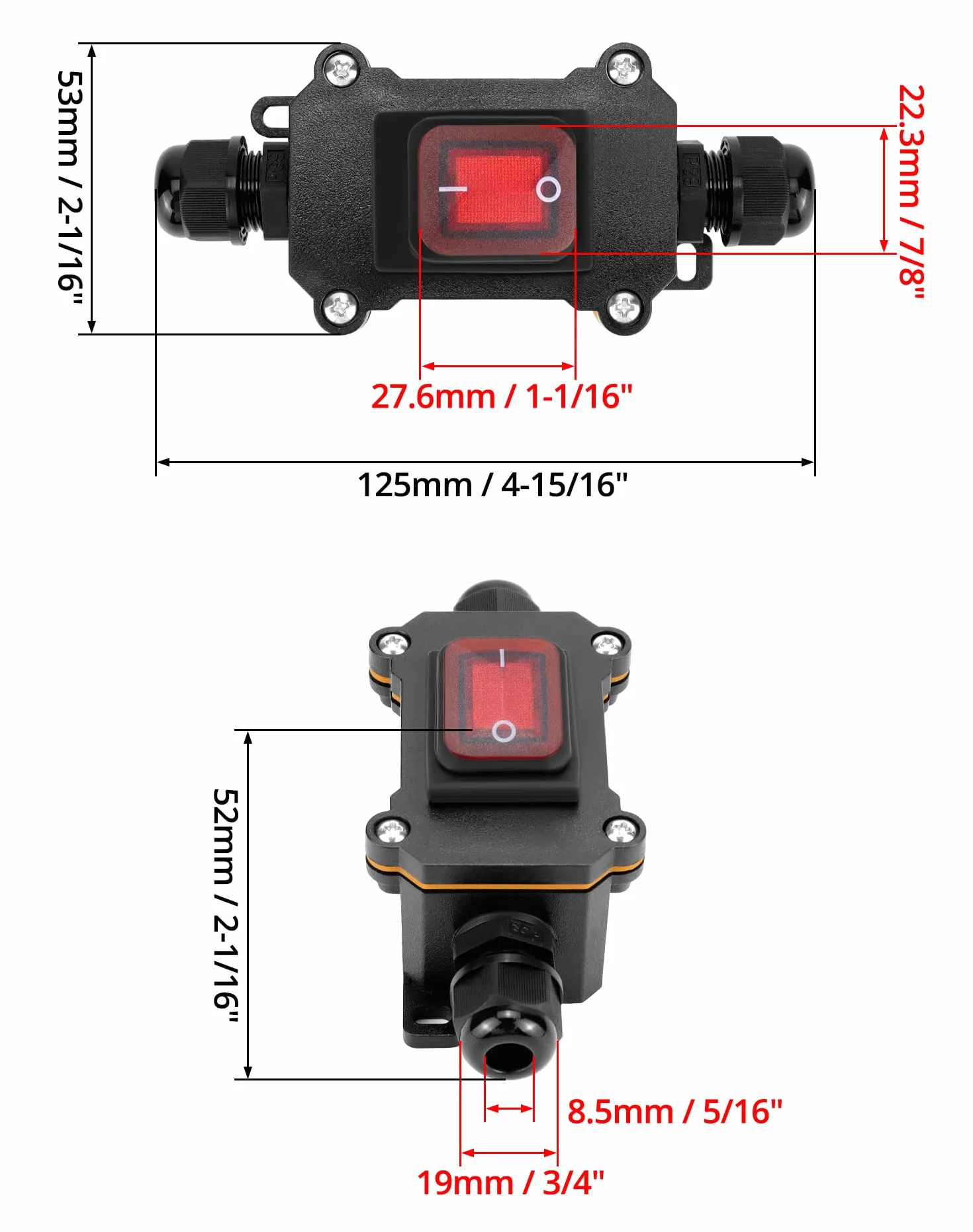 QWORK® Interruptor de cable en línea impermeable IP65 con luz indicadora roja, 220V 30A, DPST de 4 pines, control de encendido/apagado de doble posición