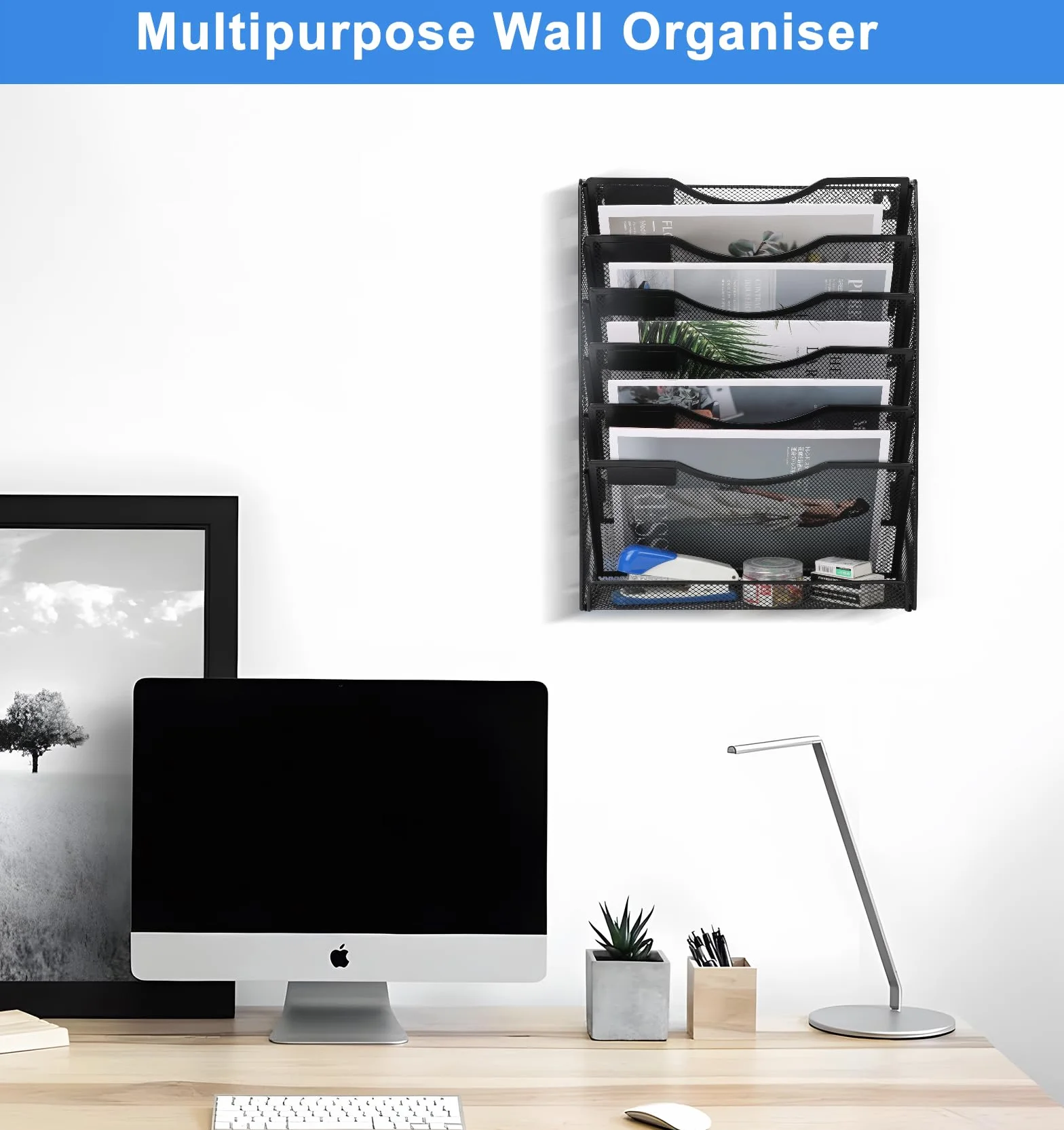 TQVAI Revistero Pared 7 Compartimentos Malla Metal Organizador Papeles A4 Colgante Oficina, Negro