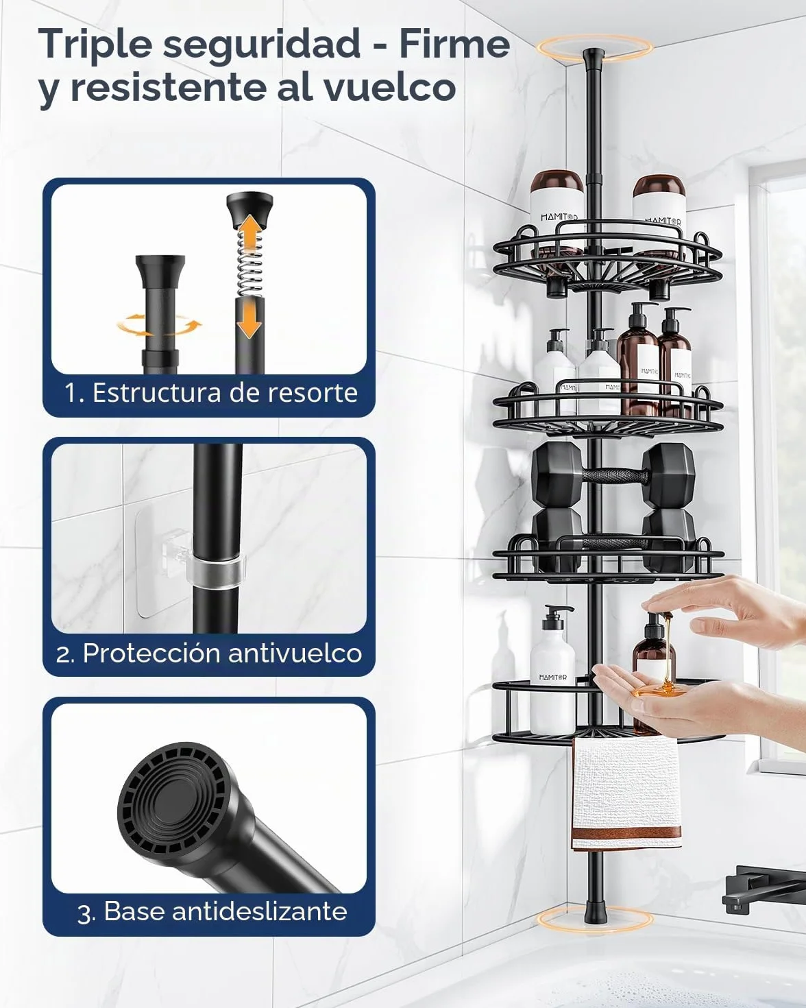 HAMITOR Estantería Baño Ducha Telescópica de 4 Pisos, Ángulo de Metal para Cuarto de Baño, sin Taladrar, Almacenamiento para Champús, Jabones y Geles de Ducha, Longitud Regulable 121-314 cm, Negro