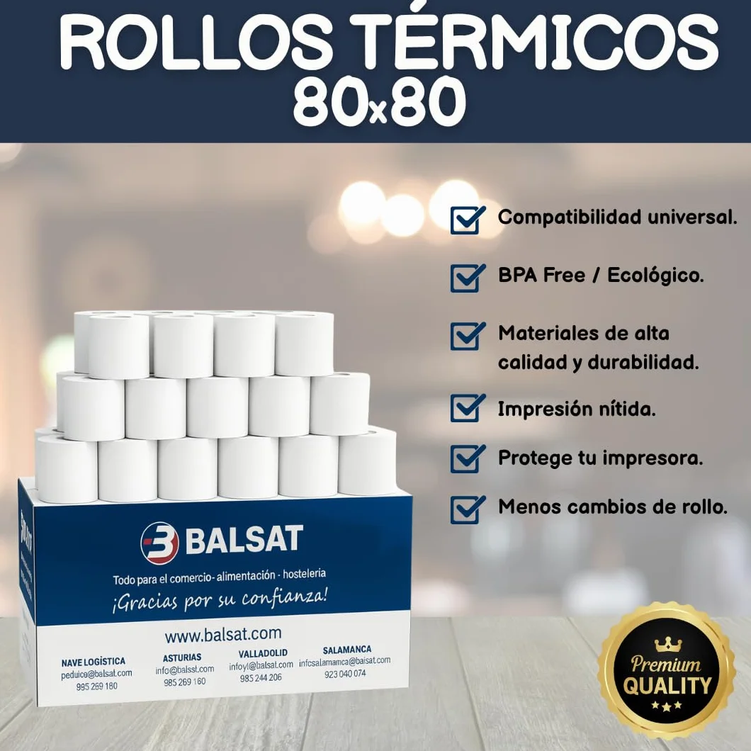 BALSAT Rollo Papel Térmico 80x80mm 50 Uds para Impresora Térmica TPV