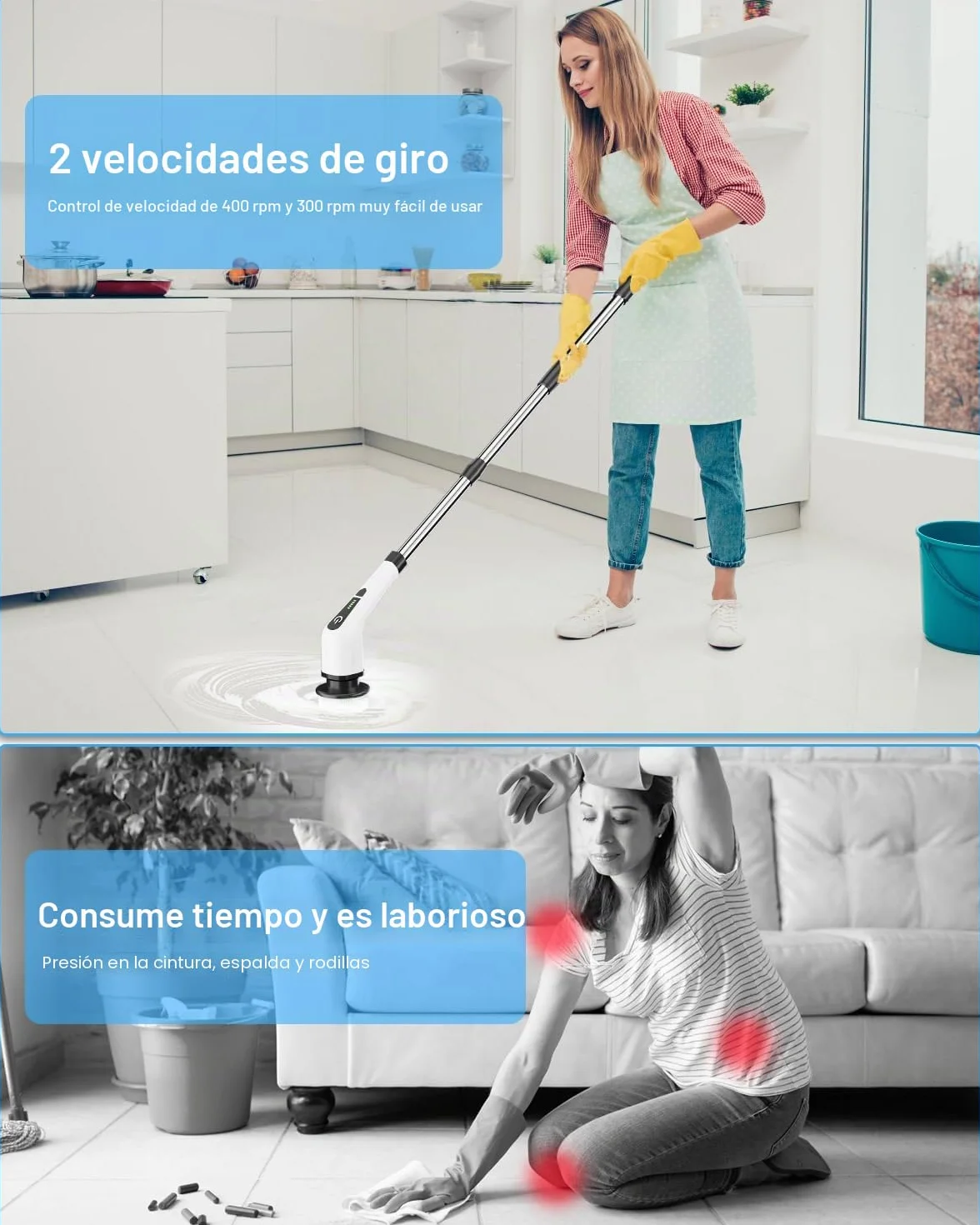 Fregadora Giratoria Eléctrico, Cepillo de Limpieza Inalámbrico con 8 Cabezas de Cepillo Reemplazables, Mopa Fregadora para Bañera y Azulejo de Piso con 137cm Mango Ajustable para Baño Cocina (Blanco)