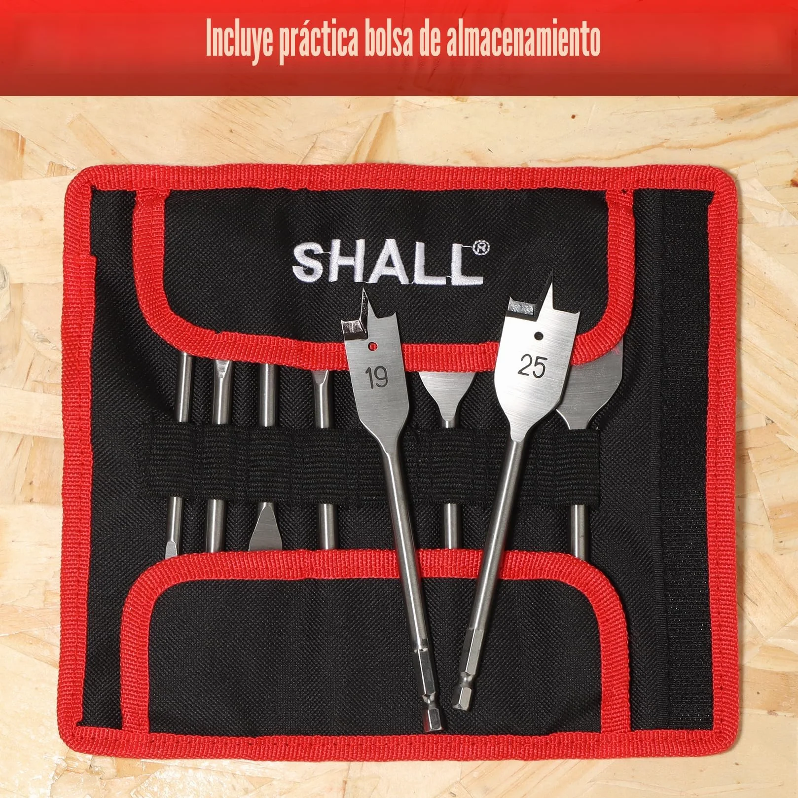 SHALL 8 piezas Juego de Brocas de Pala, vástago hexagonal de cambio rápido de 1/4 de pulgada, Ø 6-32 mm, broca plana para madera, con bolsa de almacenamiento