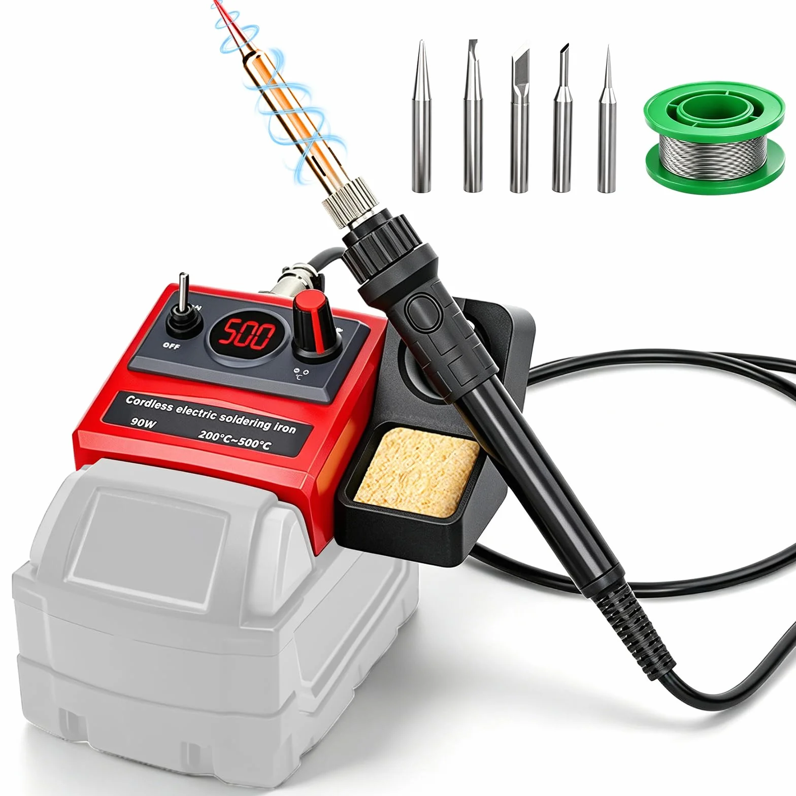 Estación de Soldadura a Batería para Milwaukee 18V (sin Batería) | 90W, Kit de Soldador, Temperatura 200–500°C, Pantalla LCD, 5 Puntas, Bobina de Hilo, para Bricolaje