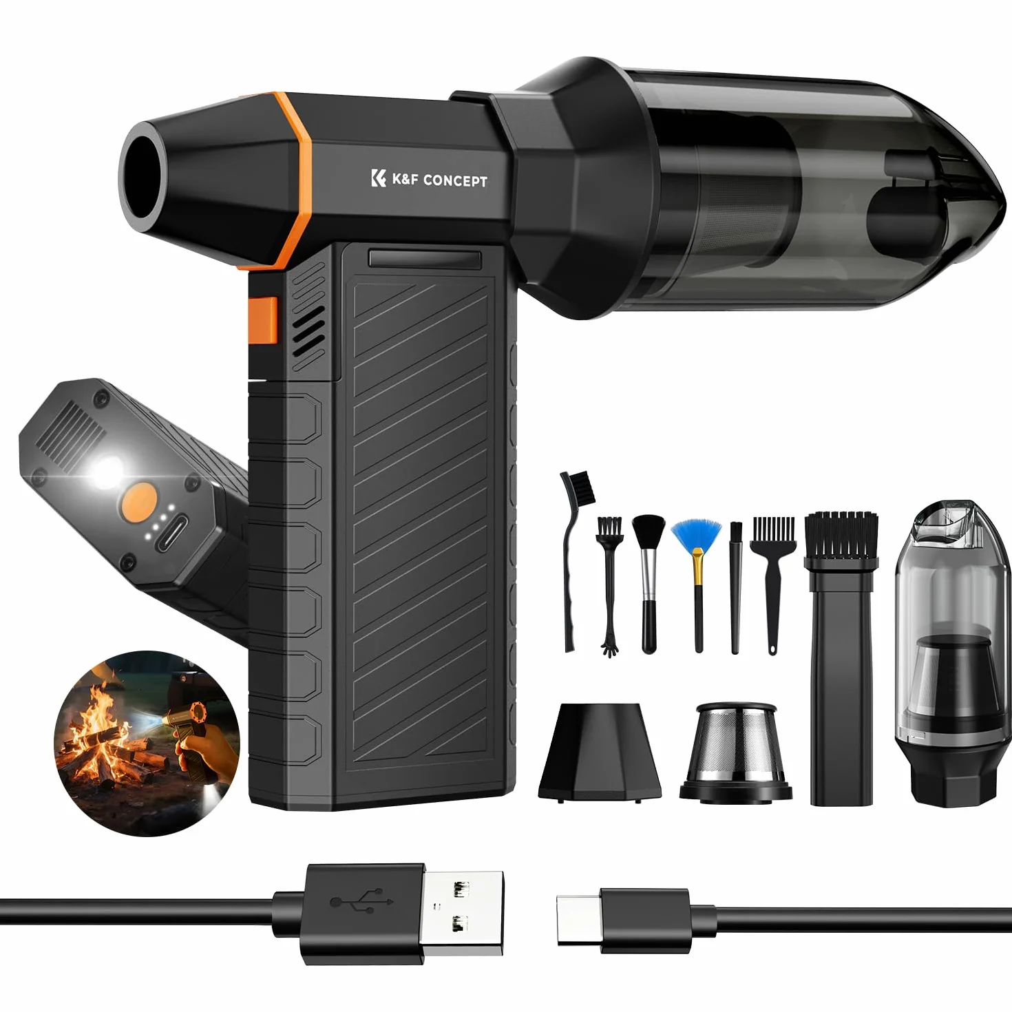 K&F CONCEPT BS500M Soplador y Aspirador Eléctrico 2 en 1 300000 RPM | Conexión Magnética |3 Velocidades | Air Duster con 2 Luces LED | Motor Brushless | Limpieza para PC, Teclados, Autos y Exteriores