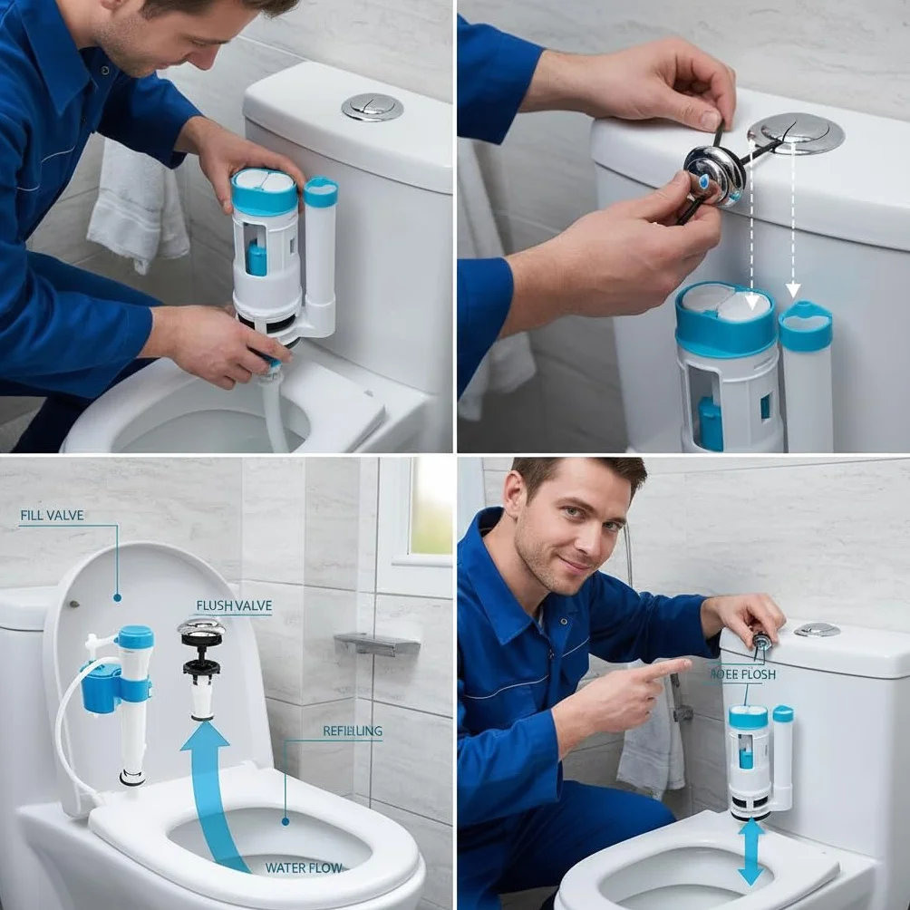 Sistema de descarga de inodoro de repuesto, Wieat Kit de cisterna de inodoro de doble descarga, botón pulsador para baño doméstico, válvula de llenado ajustable azul, adecuado para depósitos con una