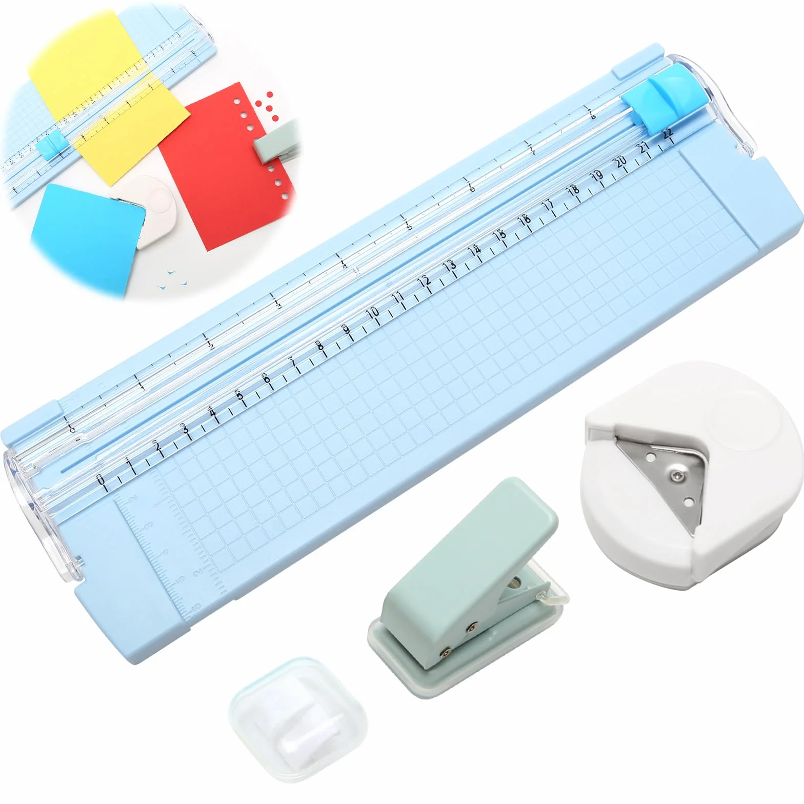 3 Piezas Cortadores de Papel para Manualidades, Guillotina de Papel Pequeña A4 con Hoja de Repuesto, Redondeador de Esquinas y Perforadora 1 Agujero de 3mm para Papels, Foto, Tarjeta