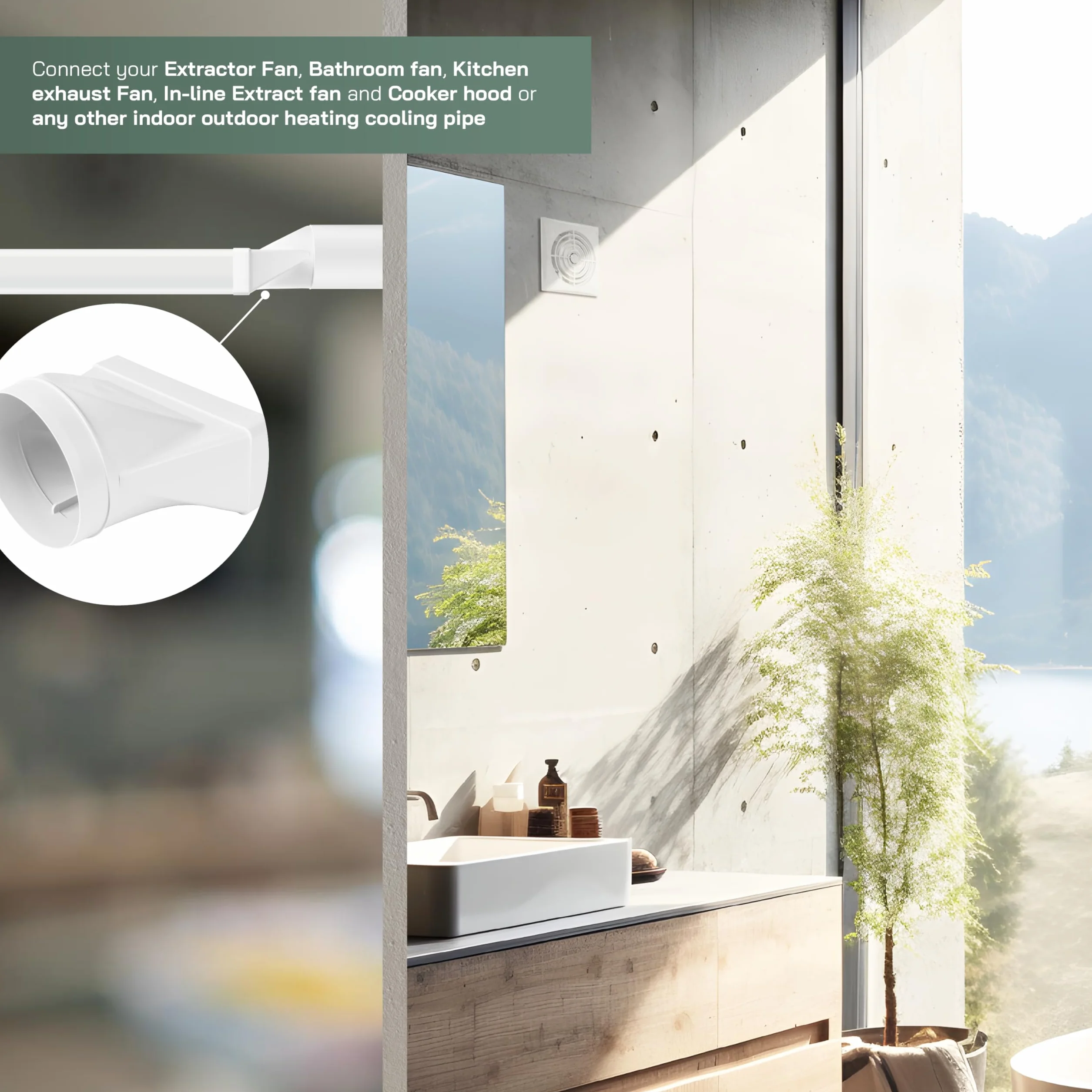 Vent Systems 220x90 mm en el conector de tubería rectangular de Ø150 mm para la conexión del tubo redondo. Sistema de ventilación, calefacción, enfriamiento - No apto para equipos de AC.