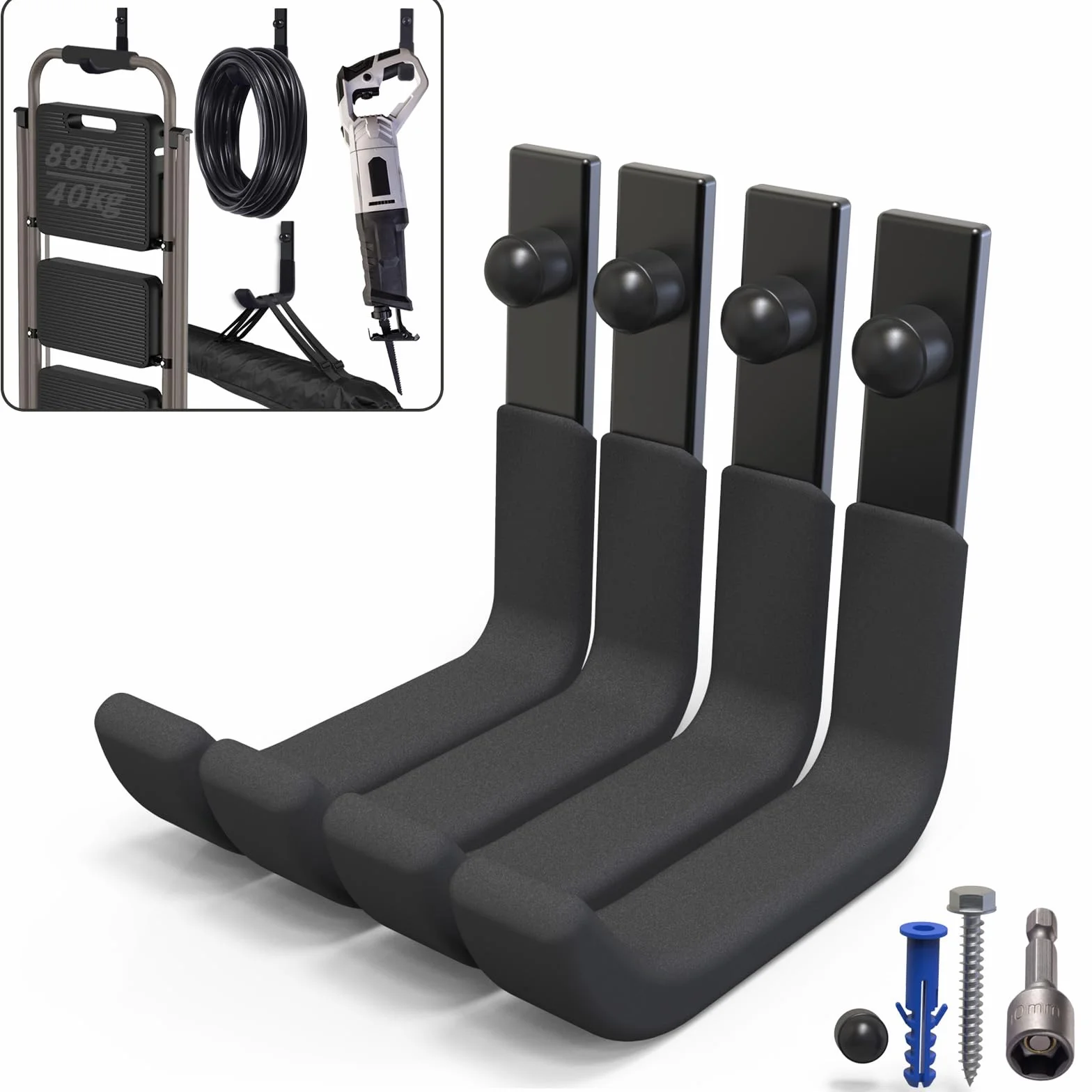 4 Ganchos Pared, Resistentes para Garaje, Ganchos para Colgar Almacenamiento, en J Soporte Herramientas Pared Multiusos, Ganchos para Colgadores para Equipo Deportivo (10 cm, 40 kg)