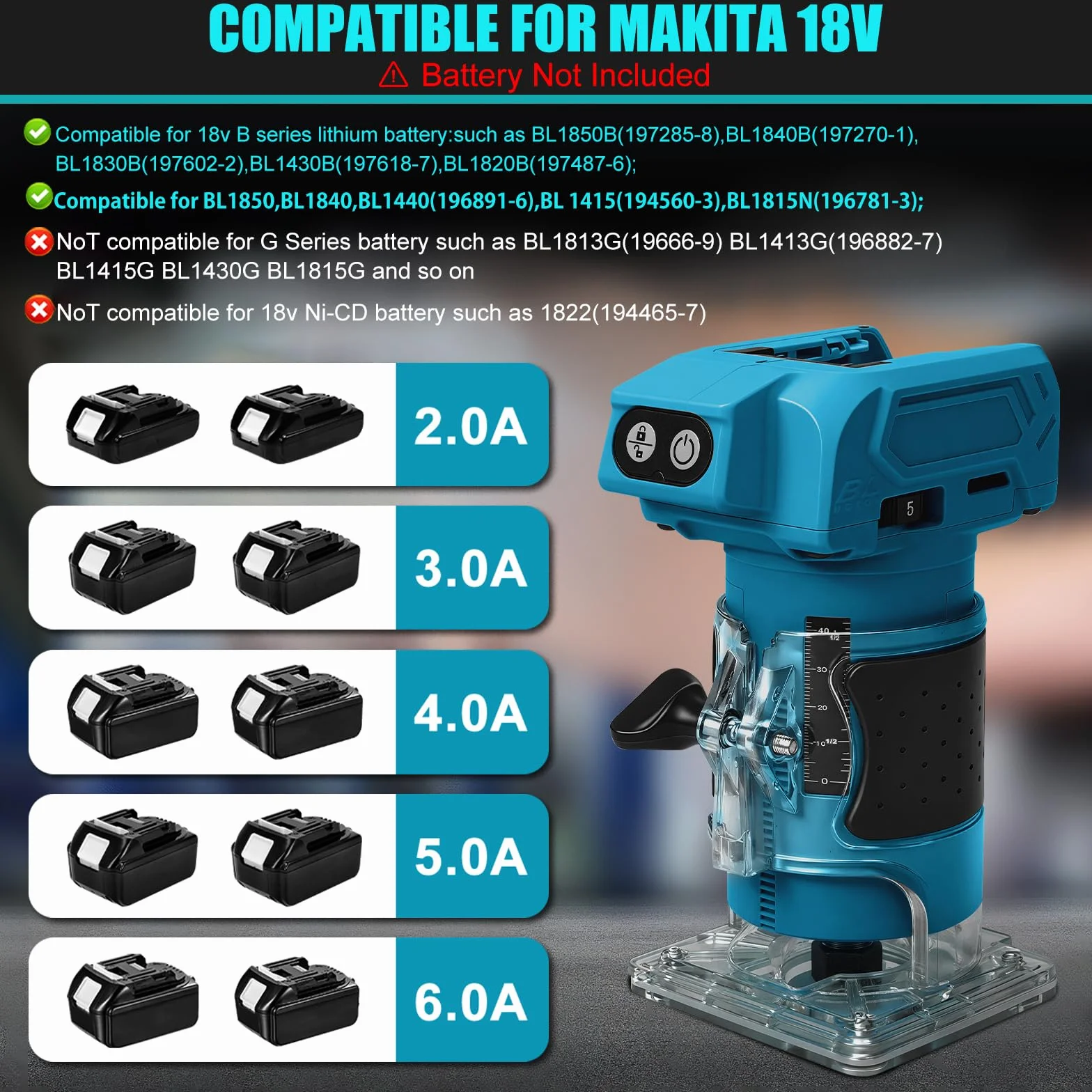 Fresadora con batería compatible con batería Makita de 18 V, 800 W sin escobillas, juego de fresa de cantos sin escobillas con 5 velocidades, pinza de sujeción de 6,35 mm, 30000 rpm, fresa de madera