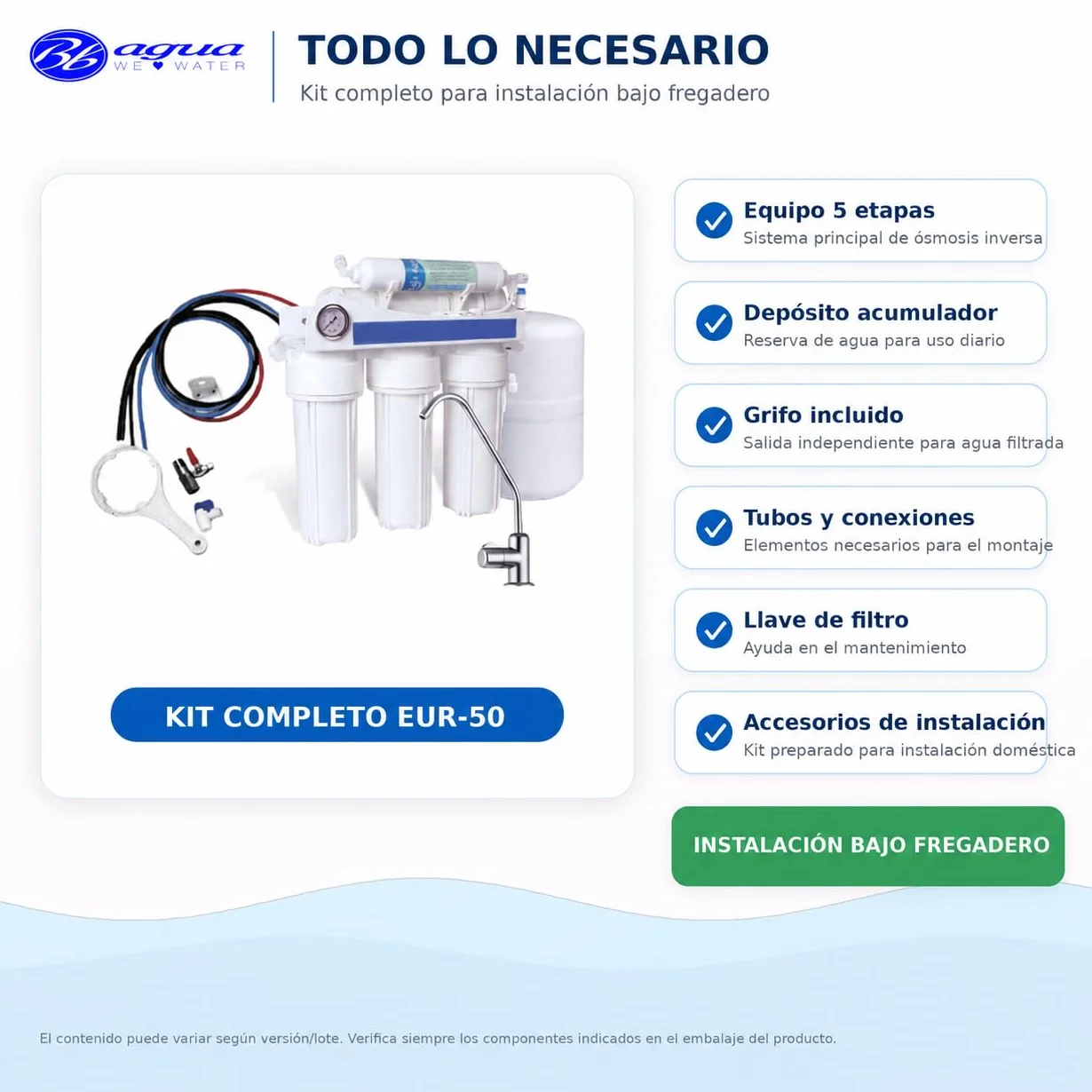 Bbagua EUR-50 – Equipo de Ósmosis Inversa 5 Etapas para Casa | Reduce Cal, Cloro y Sales | Agua Purificada de Baja Mineralización | Sistema Bajo Fregadero con Filtros y Membrana