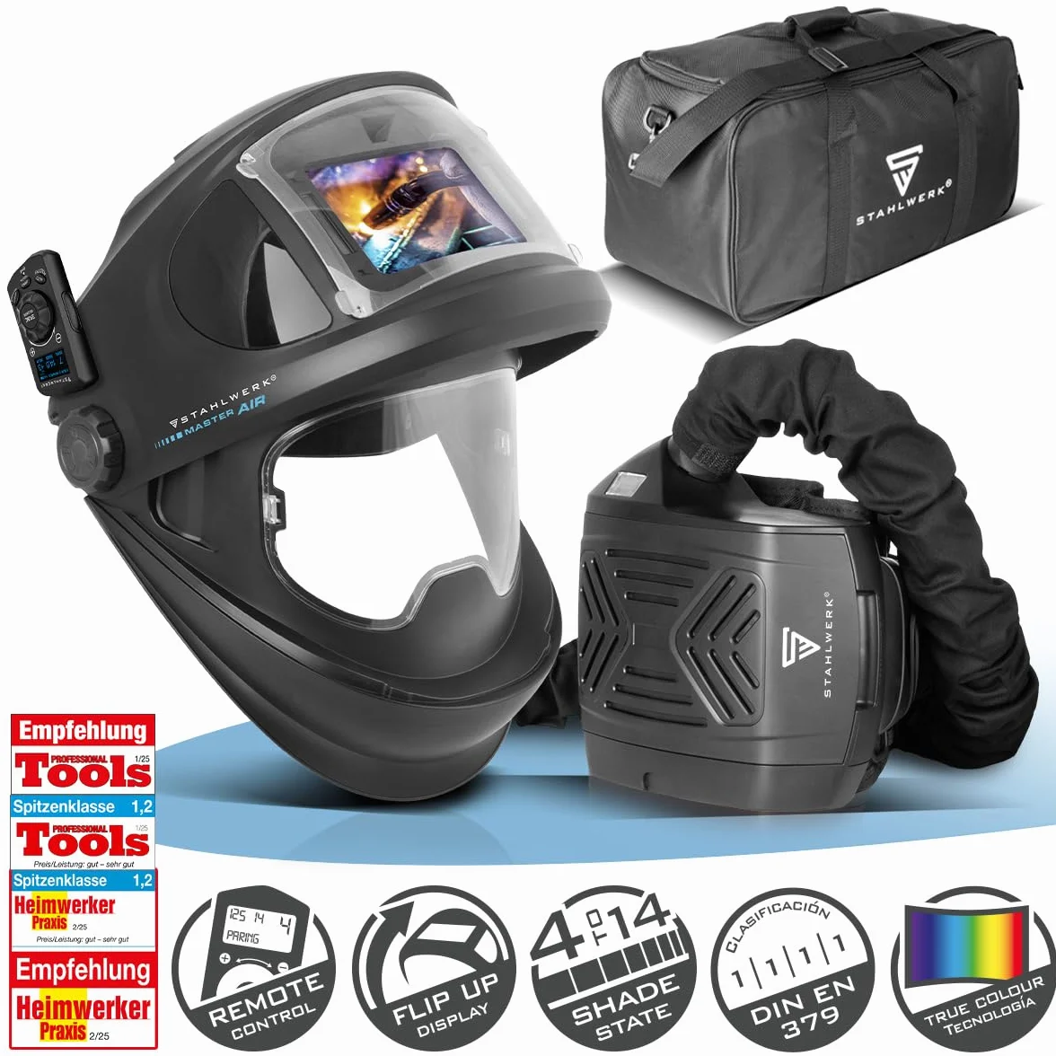 STAHLWERK Master Air - Casco de soldadura automático 3 en 1 con entrada de aire fresco, control de función por Bluetooth, reproducción de color verdadero, oscurecimiento DIN 4 a DIN 14, clase óptica 1