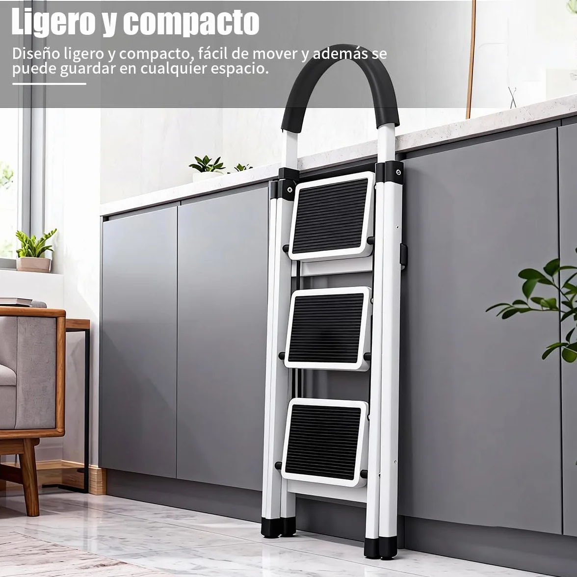 Escalera Plegable 3 peldaños con pasamanos y con Pedal Antideslizante | Taburete Multifuncional con Superficie | Escaleras Plegables Domésticas | Step Ladder para Hogar (3 escalones)