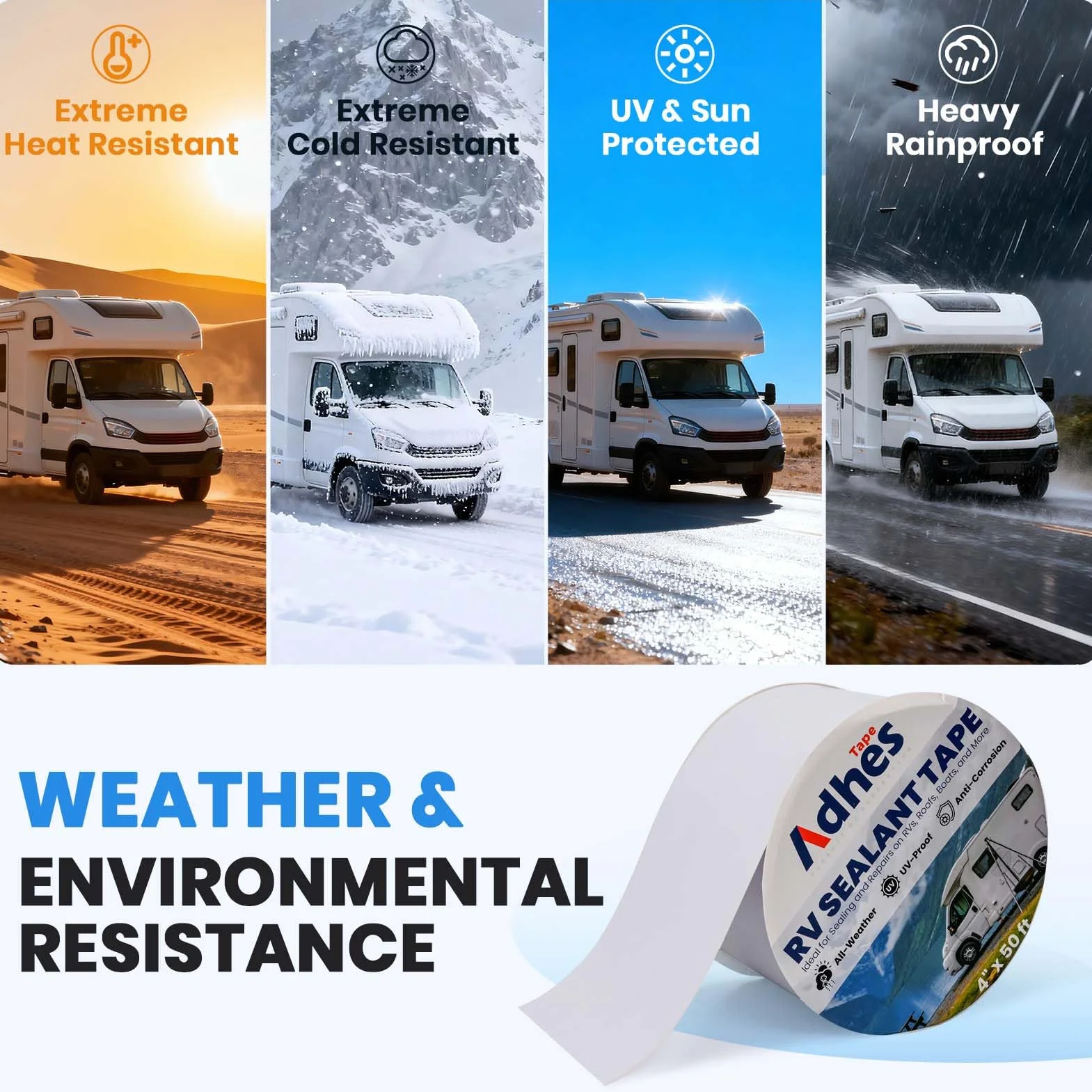 ADHES Cinta adhesiva para caravana blanca, 100 mm x 15 m, cinta impermeable para caravana, de goma butílica, para RV, autocaravana, autoadhesiva, para ventanas, techo, caravana, tubería