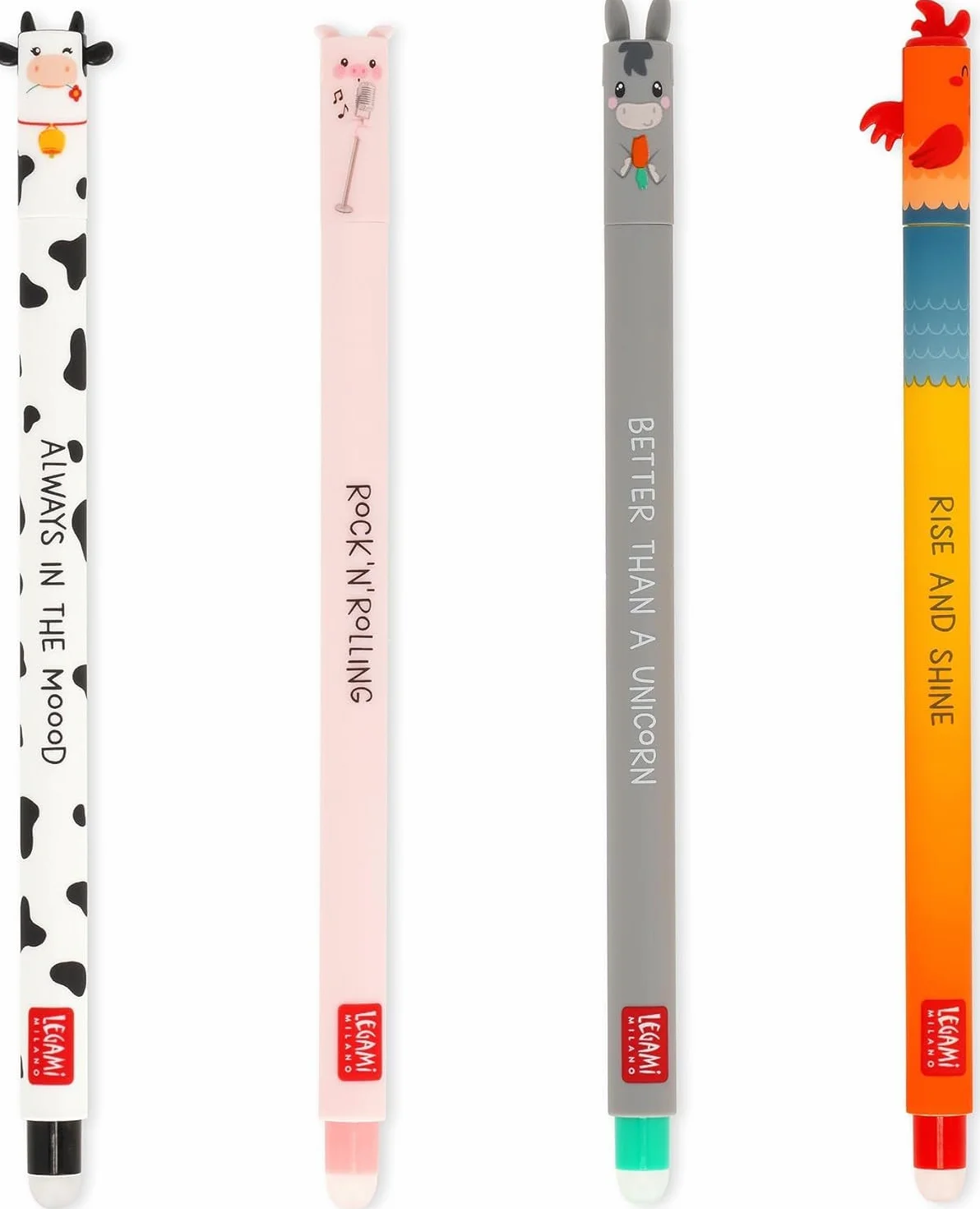Legami Set de 4 bolígrafos de gel borrable Farm Sweet Farm, tinta termosensible, 0.7 mm, negro, rosa, verde, rojo