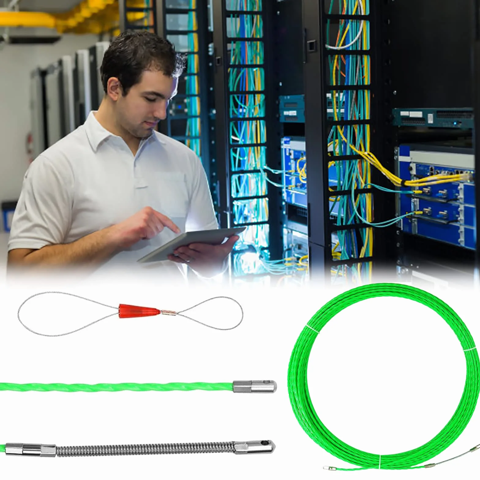 Guia Pasacables, 50m 4,5mm Guia Pasacables Profesional Guia Cables Espiral Guía Pasacables con Guia Cables y 2 Muelles Guía Ayuda de Extracción de Cables para Tirar de Cable