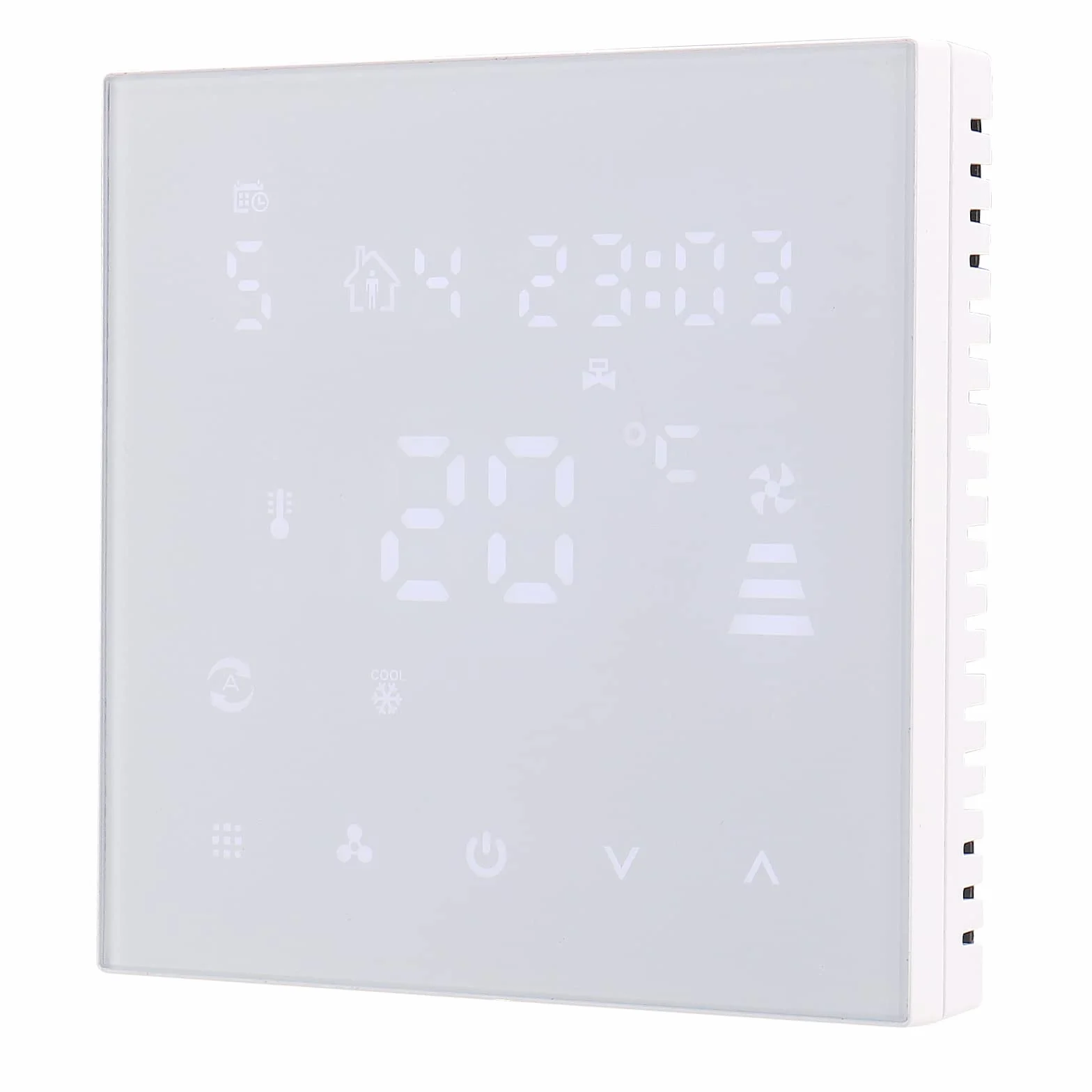 Wengart Termostato Digital WG607AC para Fan Coil de 4 Tubos, Control de Climatización (Frío/Calor), Pantalla LCD Retroiluminada, 3 Velocidades de Ventilador, Programable Semanal, Color Blanco