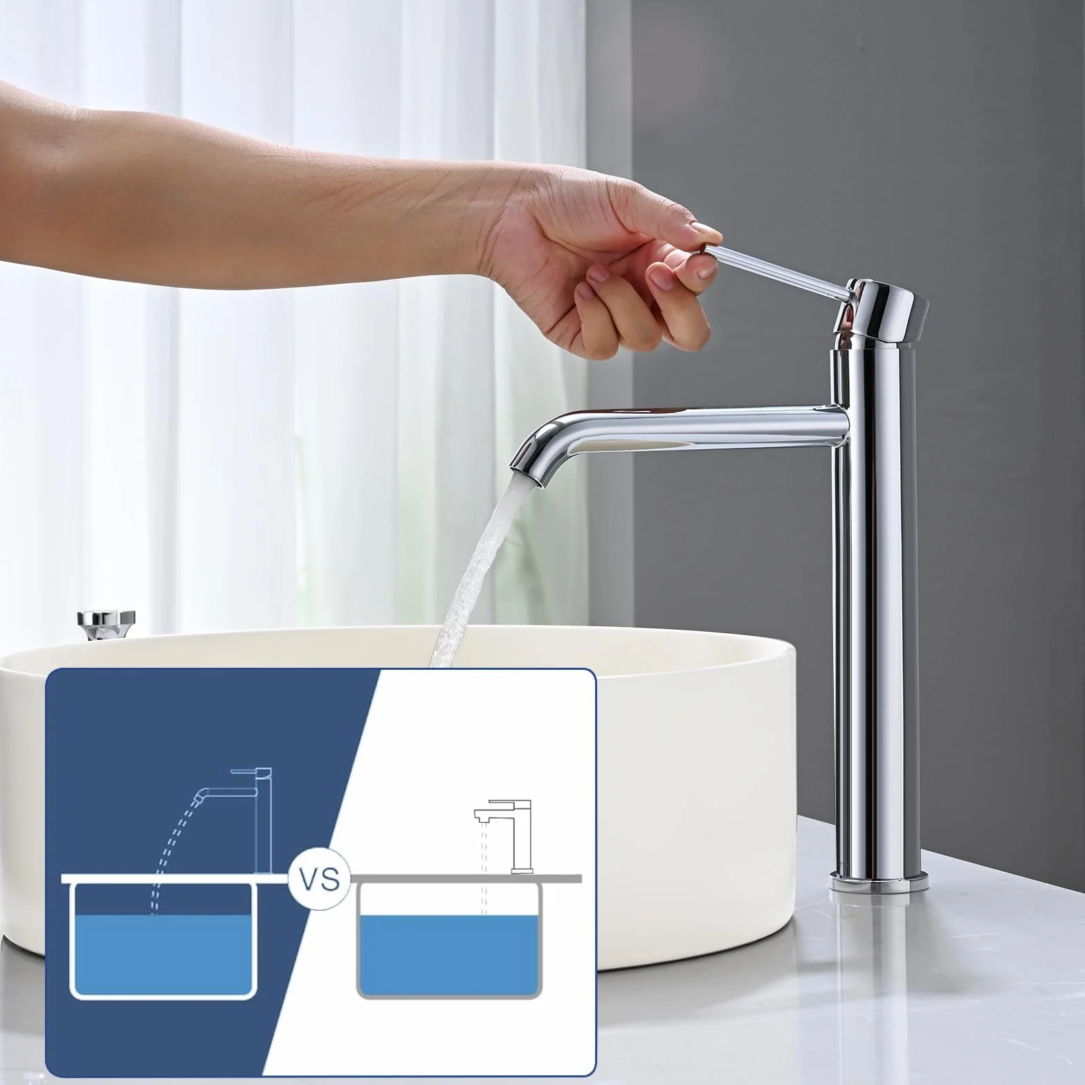 Grifo Lavabo Alto, BuntHaus Grifo Monomando Lavabo Agua Fría y Caliente, Grifos para Lavabo de Encimera, Grifos Mezclador de Baño de Acero Inoxidable 304, Aireador Extraíble, Sin Plomo, Cromado