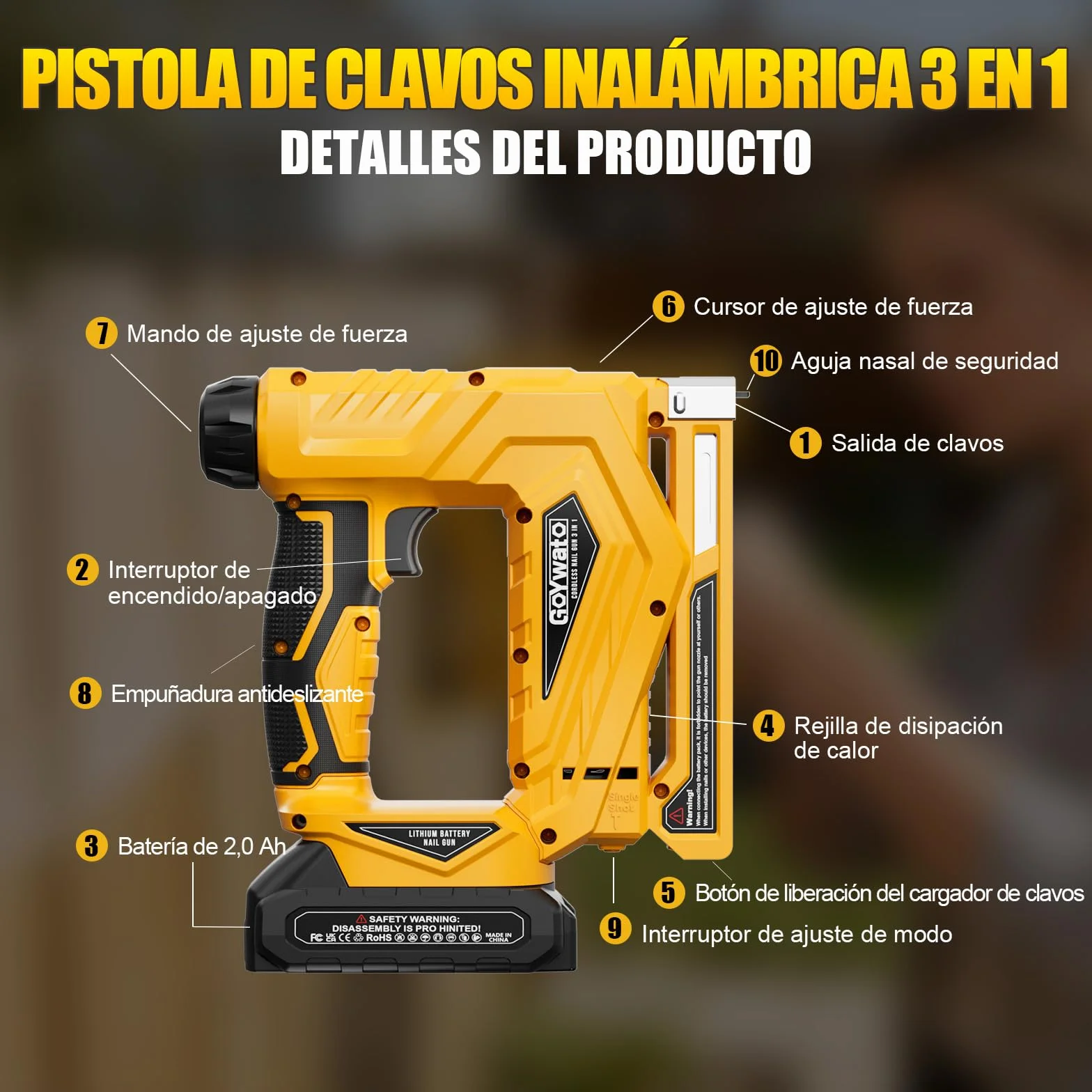3-In-1 Clavadora Electrica de Clavos - Pistola de Clavos Bateria 21V con 2 x 2.0Ah Baterías, con 1000 Clavos Rectos 18GA, 1000 Grapas en U Tipo 140 y 1000 Grapas en U Tipo 53 para Carpintería