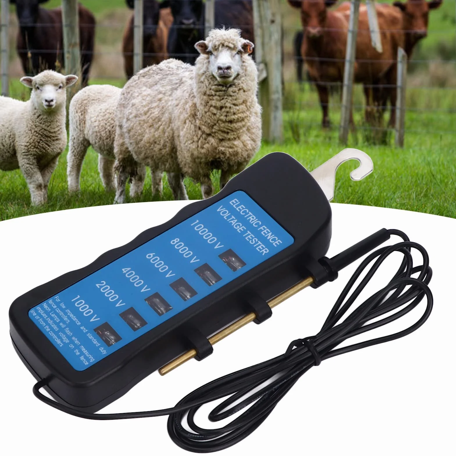 Fafeicy Probador de Cercas Eléctricas, 1000-10000V, Impermeable, con 6 Luces Indicadoras, para Granja y Ganado