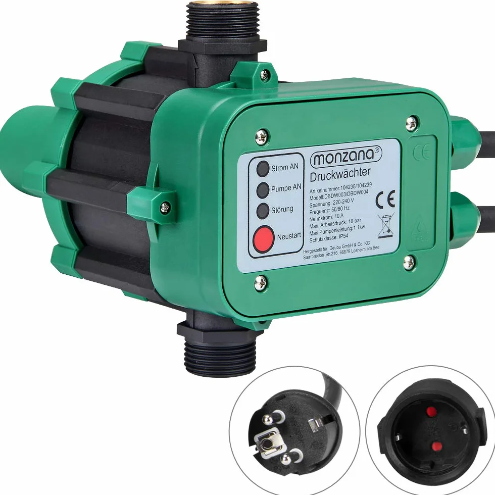 Monzana Interruptor de presión de agua con cable automático 10 Bar 23,5 x 17 x 17 cm Presostato para riego de jardín Verde