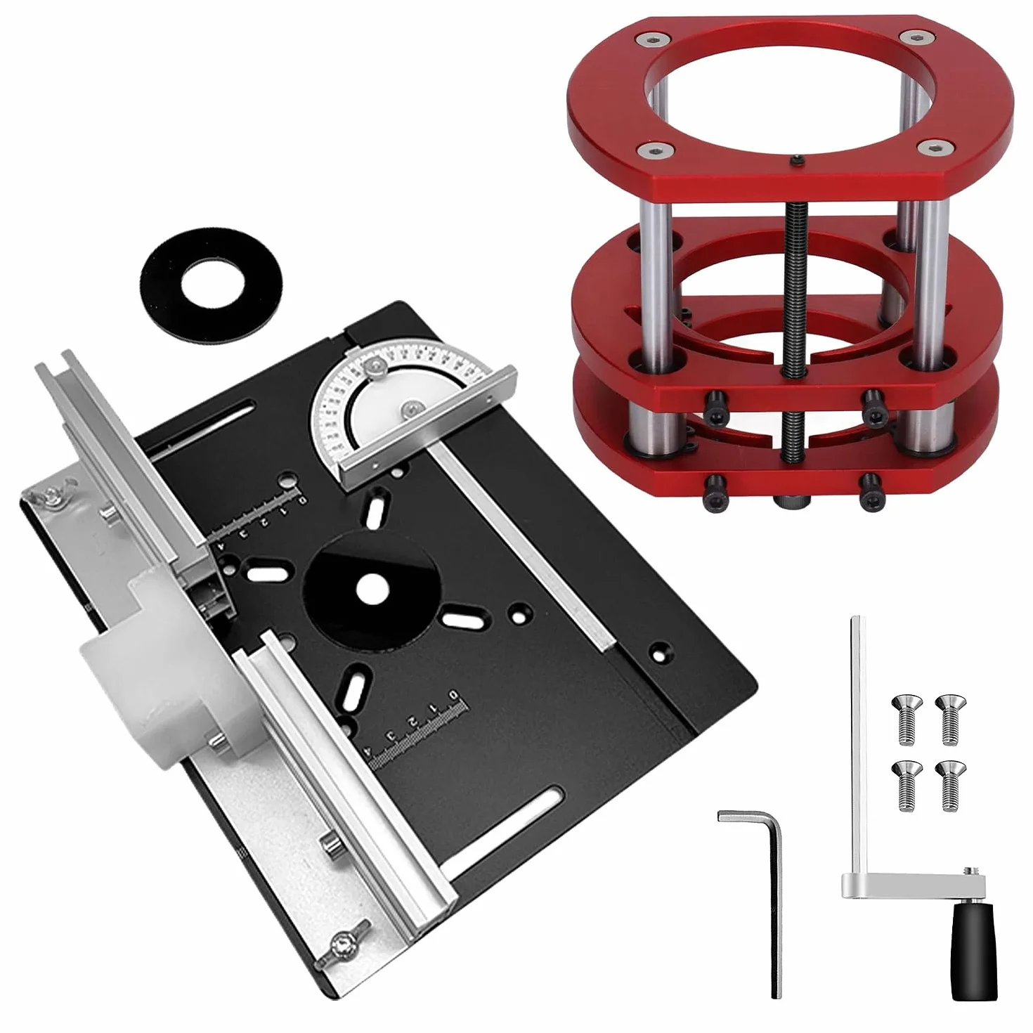Mesa Fresadora para Madera de Aleación de Aluminio, Placa Fresadora Router Table,Negro Placa de Inserción de Mesa + Rojo Base, Adecuado para Mesas Fresadoras con un Diámetro de Motor de 64-66 mm
