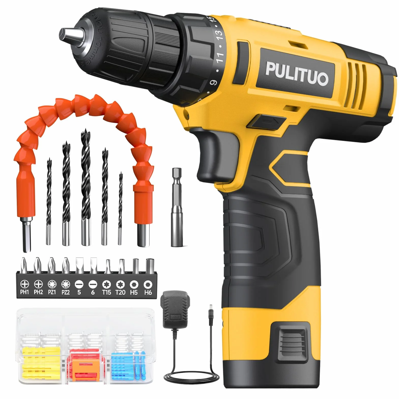 PULITUO 12V taladro inalámbrico, juegos de brocas de perforación de gran alcance con la batería de Li-Ion, 21 + 1 Ajuste de par, 3/8 "pulgadas portabrocas sin llave, taladro eléctrico.