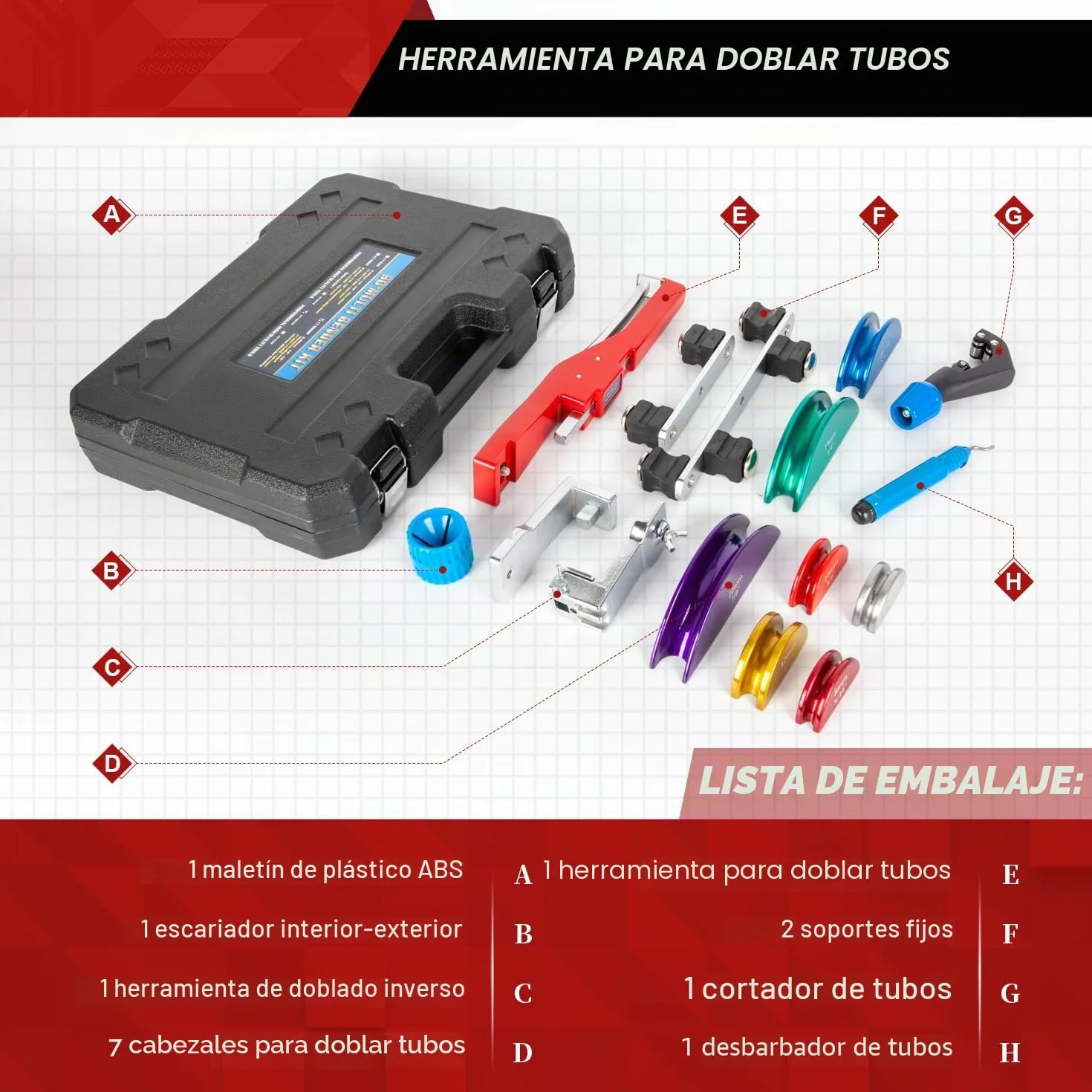 Dobladora de tubos de cobre y tubos de freno manual con cortador de tubos, desbarbador para aire acondicionado, alicates de flexión, línea de freno, herramienta de flexión de 1/4 "- 7/8"