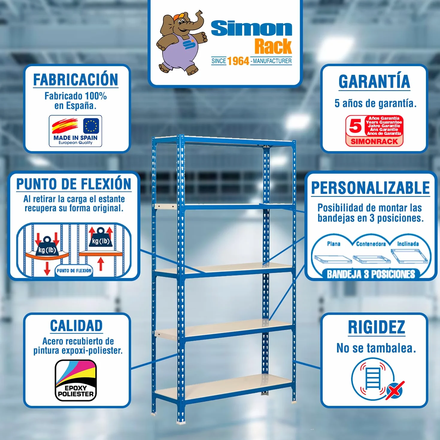 Simon Rack Estanterias Metalicas, 1500x1100x400 mm, 4 Baldas de Metal, 200 kg de Punto Flexión, Estanterias Almacenaje, Azul/Naranja/Galva - Simonclick