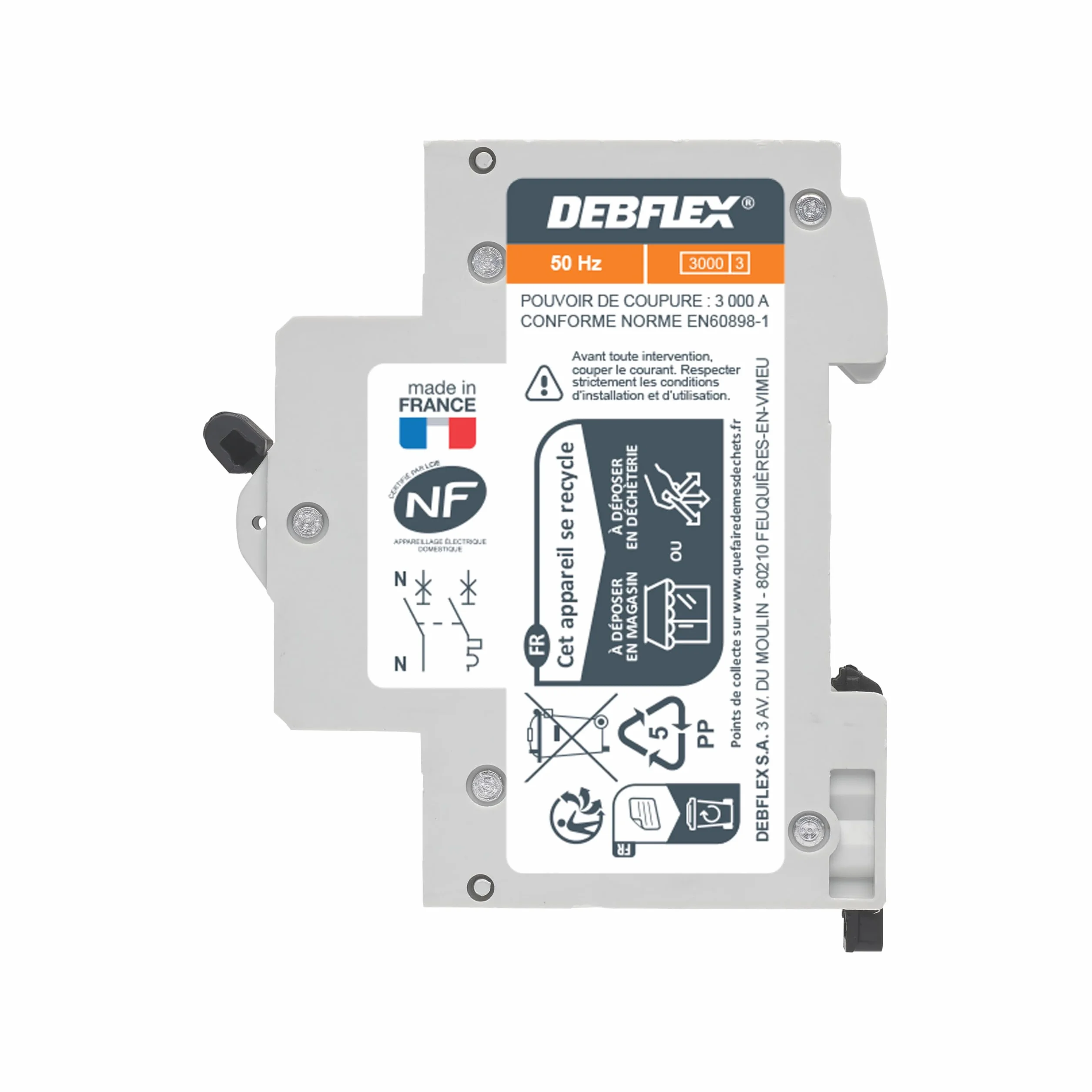 DEBFLEX - Disyuntor 16A Fase + Neutro 3KA - Módulo Cortocircuitos - Certificado NF - Instalación en Cuadro Eléctrico - Gris
