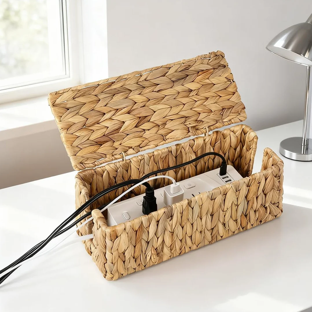 LOMUG Caja de cables de jacinto de agua hecha a mano, caja de cables con regleta con tapa, caja de gestión de cables con apertura lateral para ocultar cables, adecuado para oficina, hogar