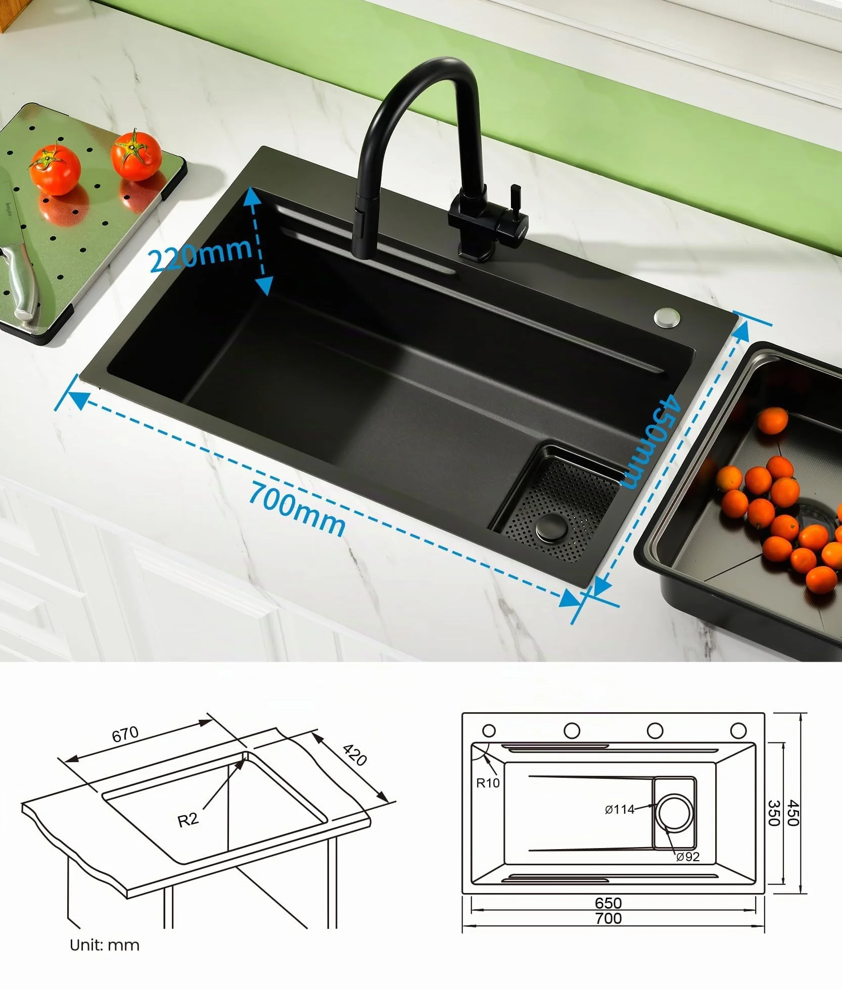 Fregadero Cocina Negro Acero Inoxidable 70×45cm,Fregadero Cocina 1 Seno,2 Orificios para Grifo,Kit Completo con Canasta,Bandeja de descongelación,Cestade Desagüe,Sifón