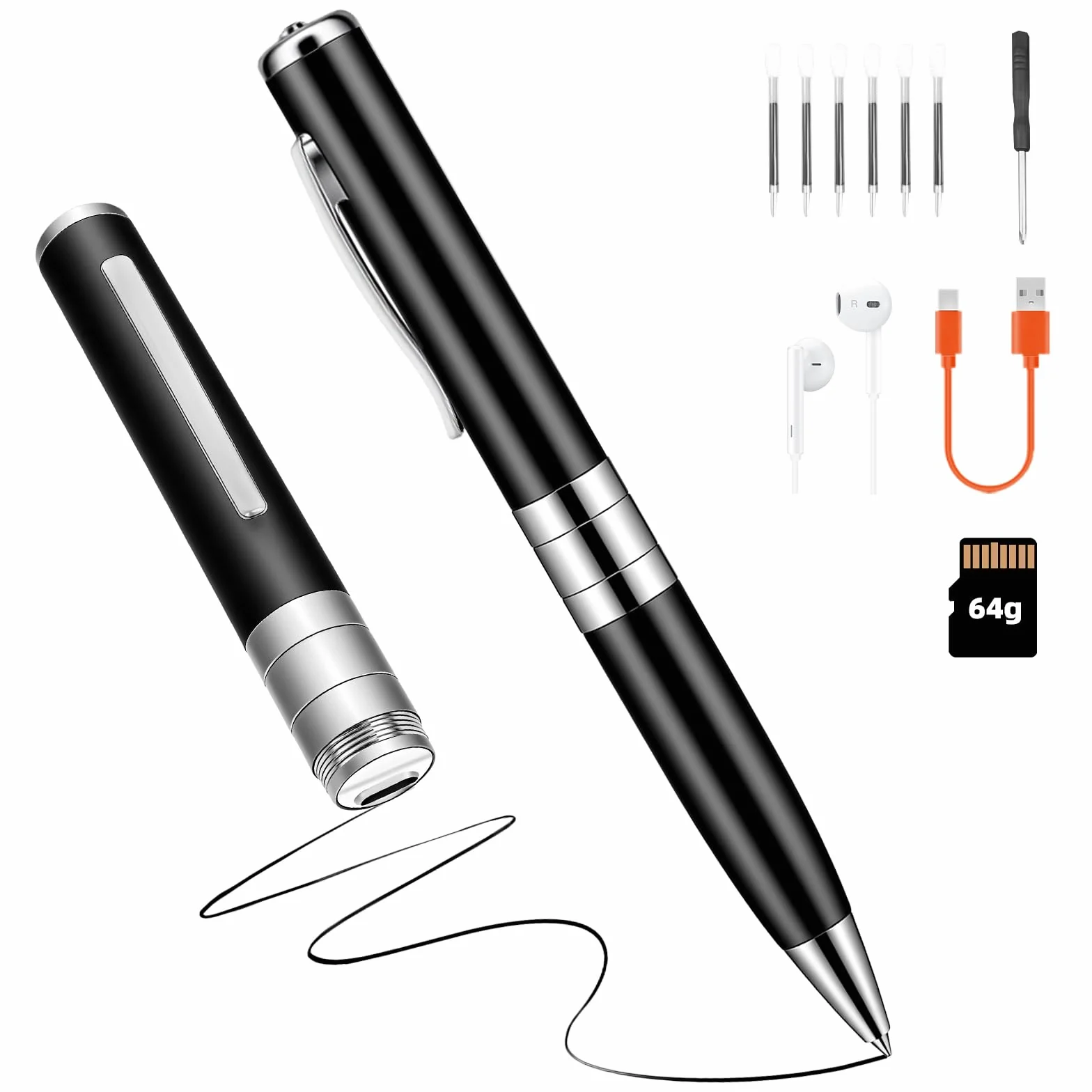 Pluma Grabación de Voz 64 GB - Grabadora de Voz Espía Automática Continua con Activación Rotativa para Reuniones, Cursos, Entrevistas Negro