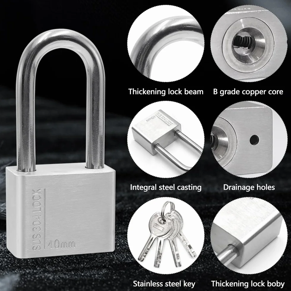 Grillete Alto Candado de Acero Inoxidable 304 con 4 Llaves, Protección Impermeable y de Alta Seguridad para uso en Exteriores, 40 mm