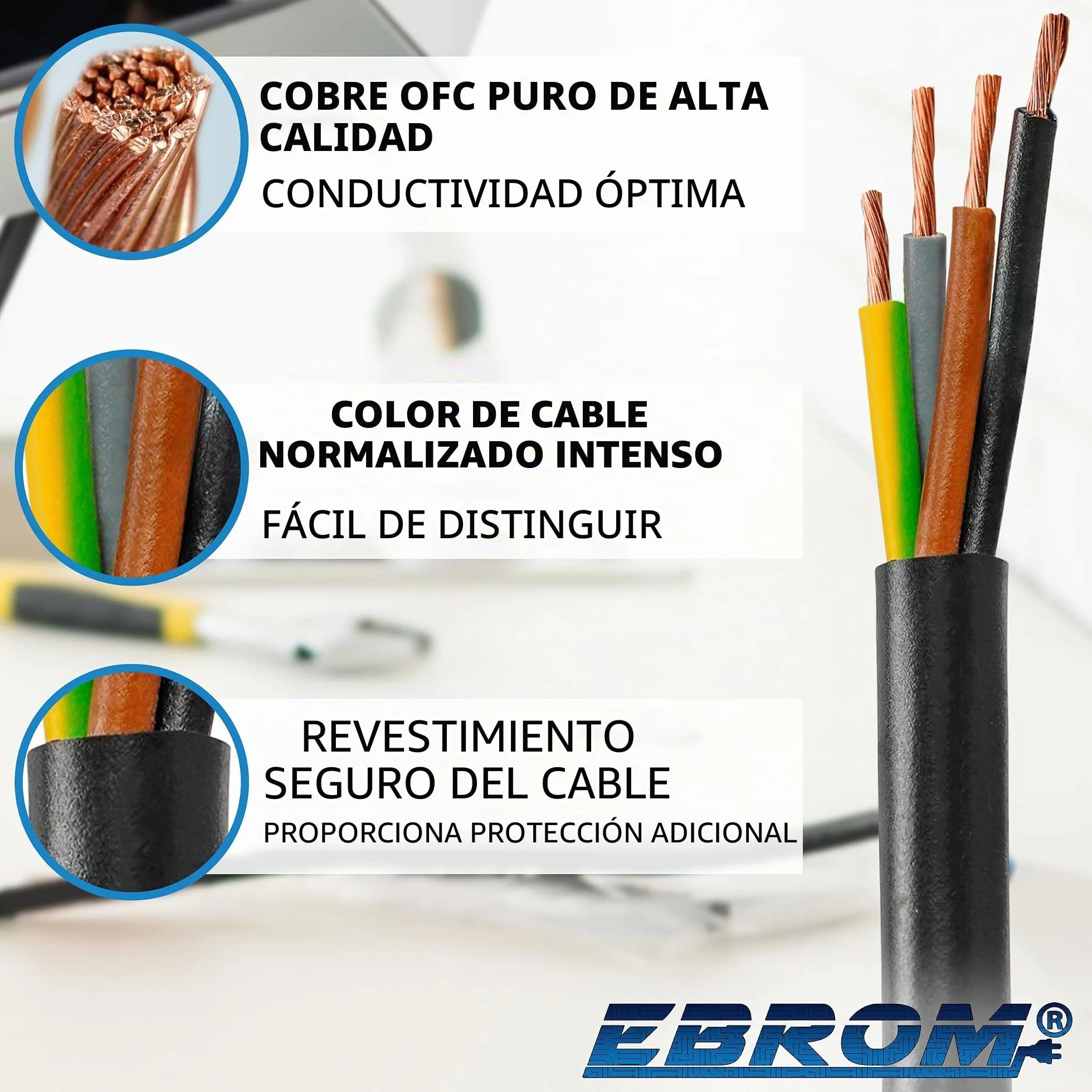 EBROM - línea de manguera de plástico cable de dispositivo de línea de cable LED redondo H03VV-F 4x0,75 mm², negro, 20 m