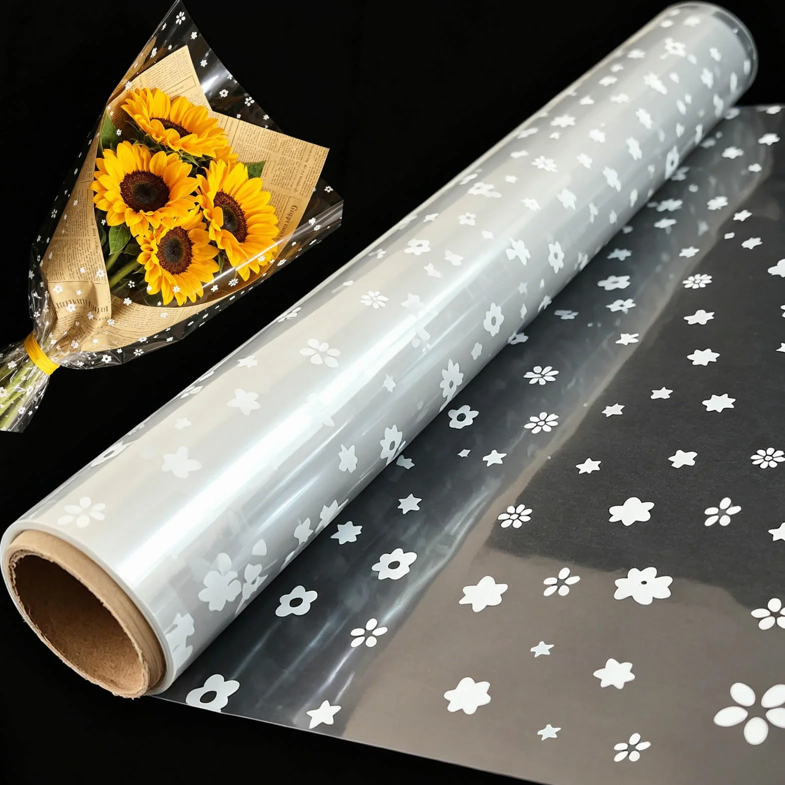 Rollo Papel de Regalo Celofán Transparente con Flores Estrellas Dibujos