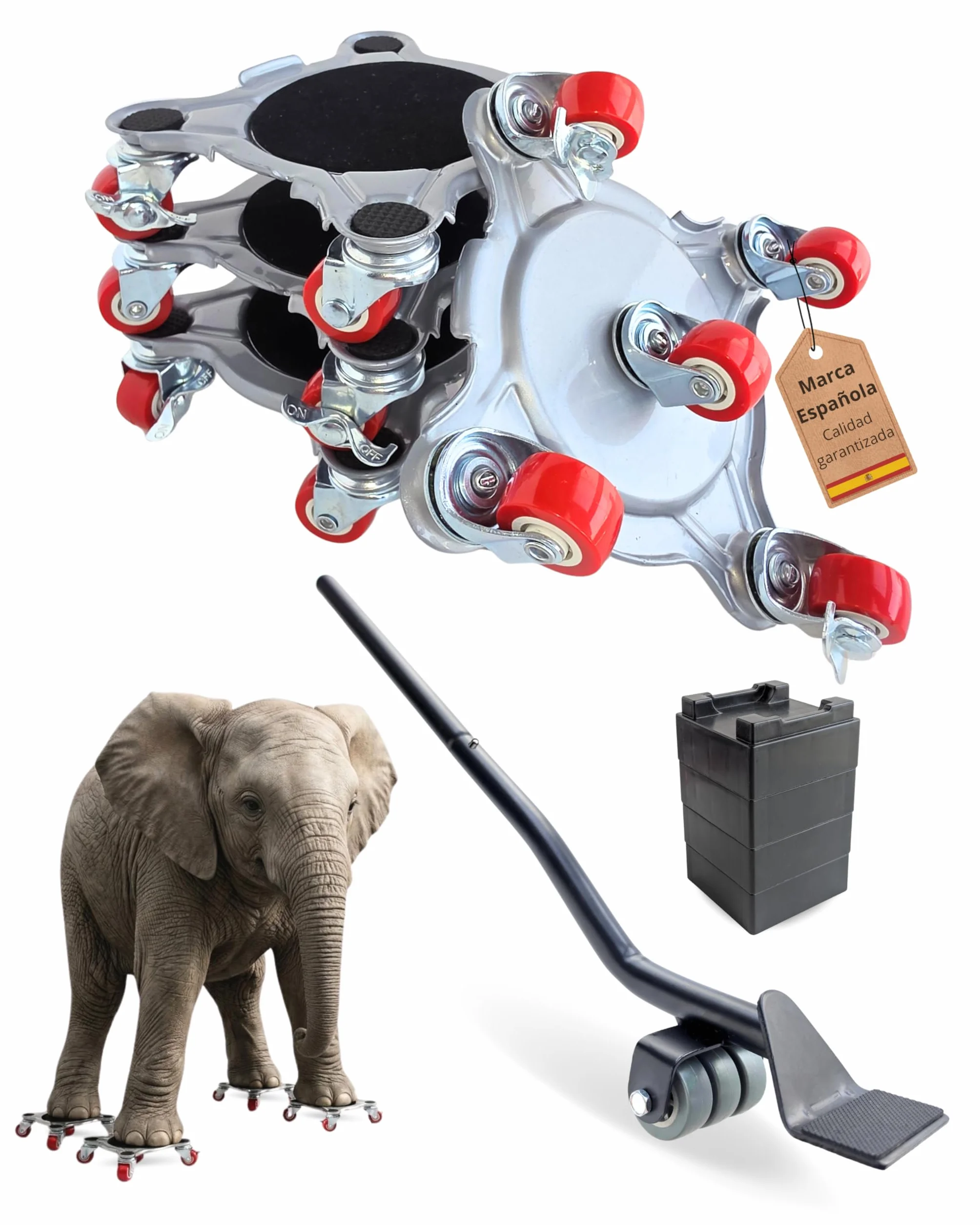 Kit para Mover Muebles Pesados | 4 Plataformas Acero Reforzado con 5 Ruedas 360° y 2 Frenos | Palanca Elevadora Extensible | hasta 800 kg | Protege Parquet y Suelo