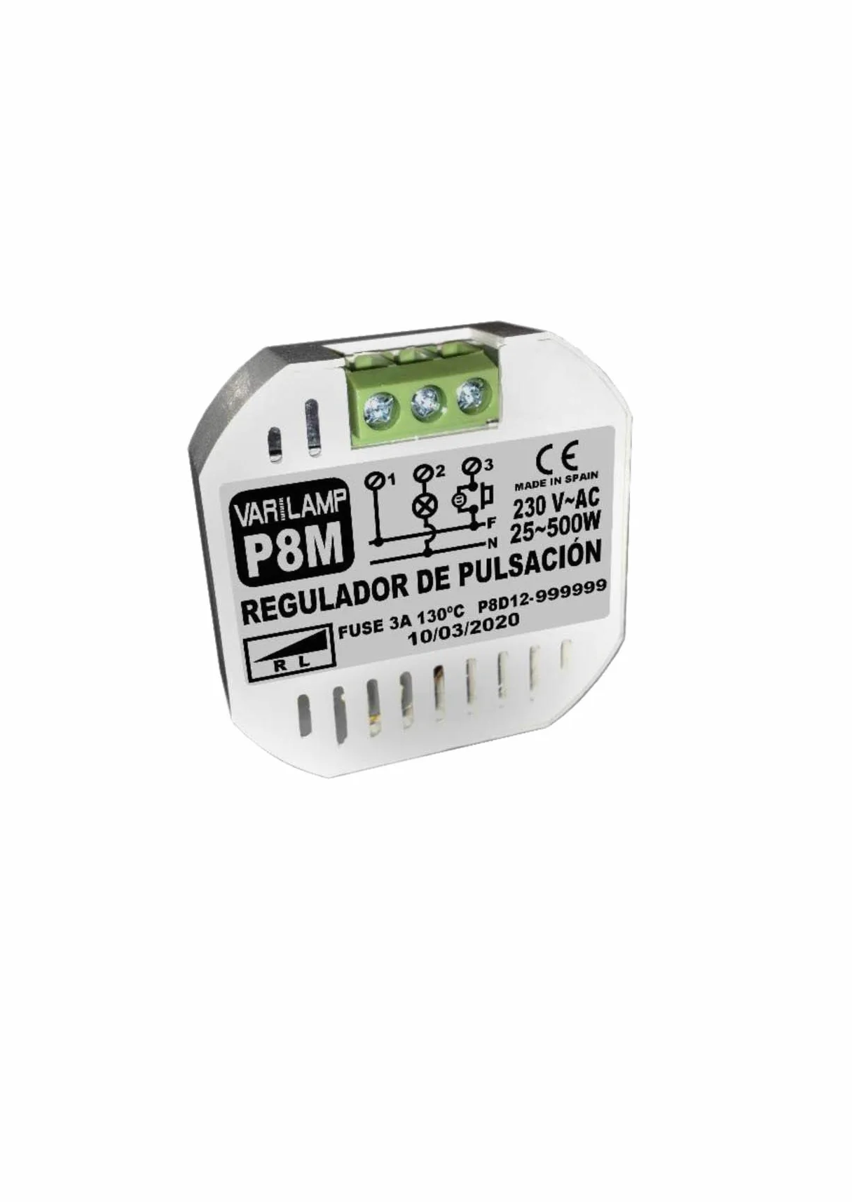 P8M. Regulador de luminosidad a pulsadores para incandescencia y halógenos. Conexión a 3 hilos. 800W Máx.