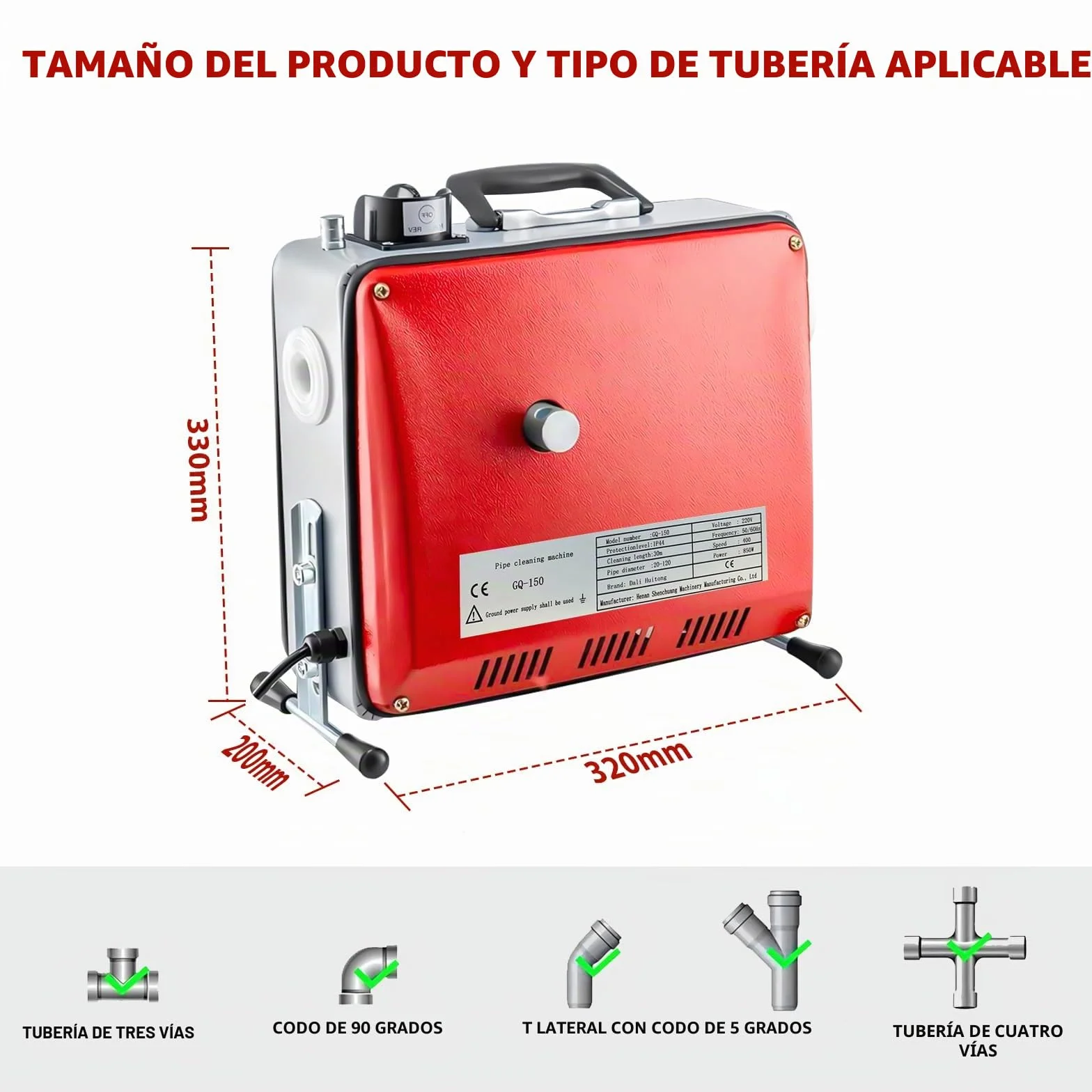 850W Máquina de Limpieza de Tuberías, Limpiador de Desagües Eléctrico de 400 rpm, Desatascador Eléctrico de Tuberías con Espirales de 16mm y 10mm Adecuado para Tubos de Ø20-100mm 20M Spiralen