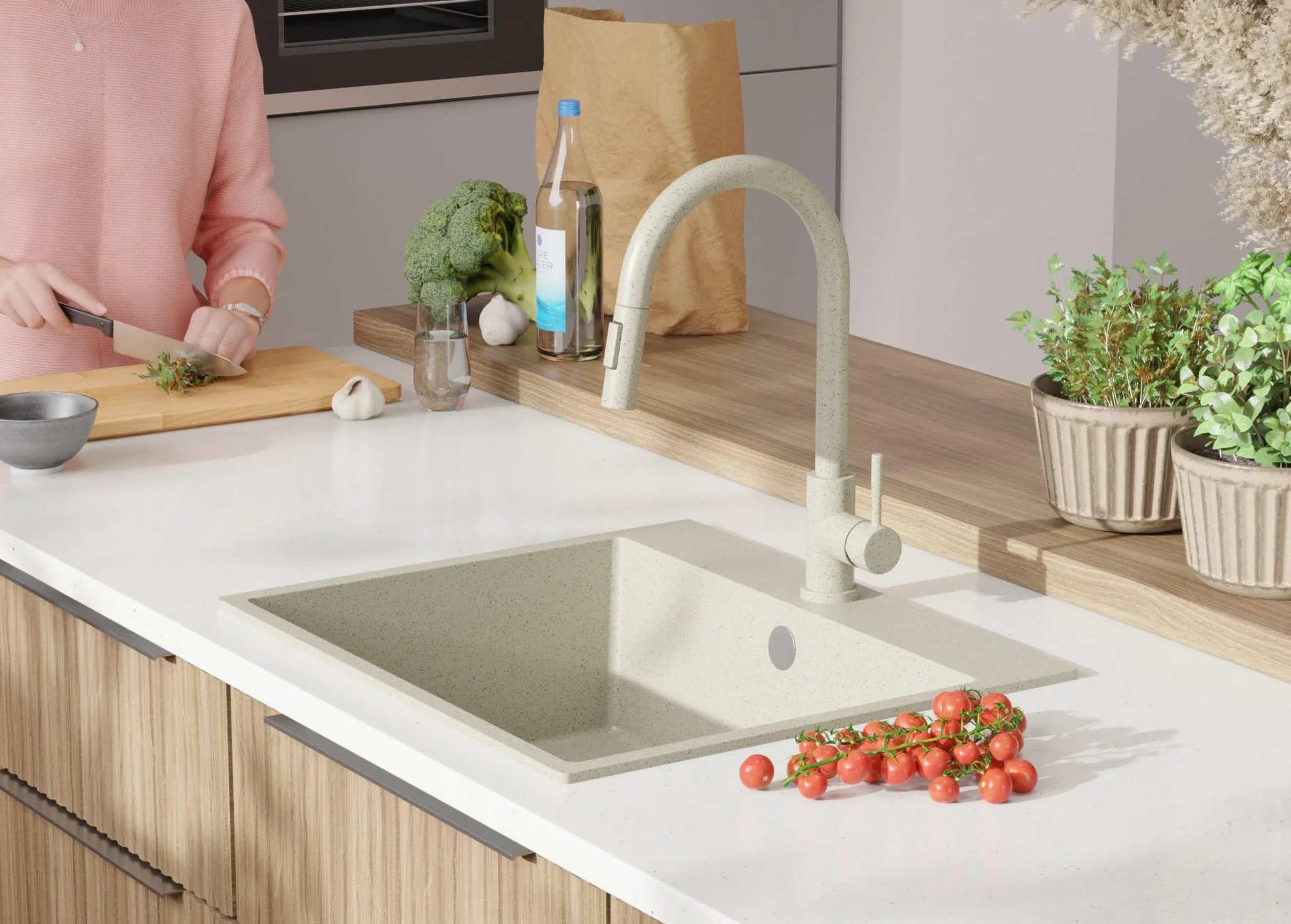 PRIMAGRAN Fregadero Granito Todo Beige 58x50cm, Cocina 1 Seno + Grifo 40x20cm + Sifón, Sobre Encimera al Mueble 60cm - Riga S330
