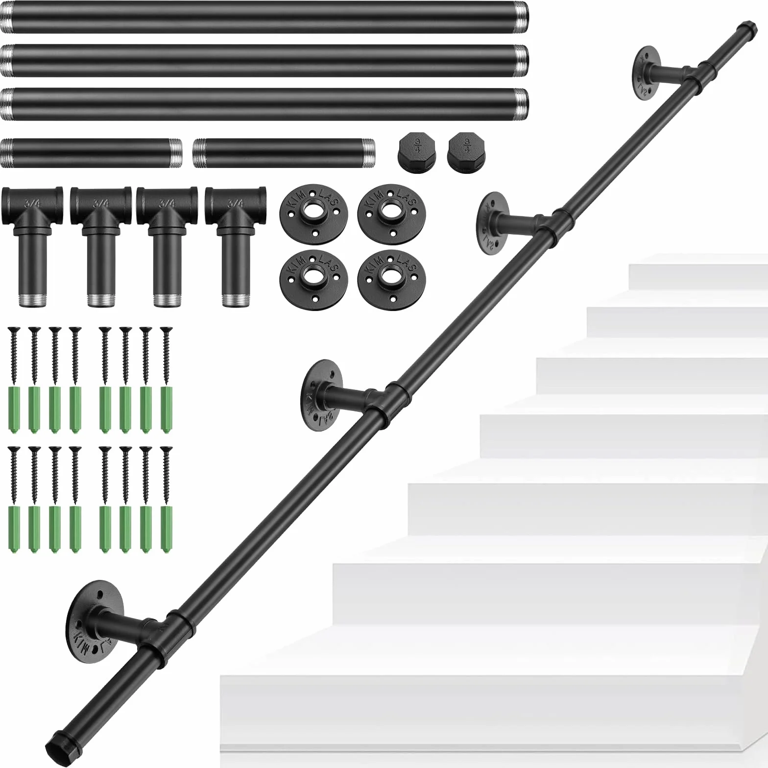 TANiCE Pasamanos Escalera 150 cm Negro de Acero Galvanizado Antideslizante Barandilla de Pared para Interior y Exterior con Soporte Seguro para Ancianos y Niños, Fácil Instalación Multifuncional