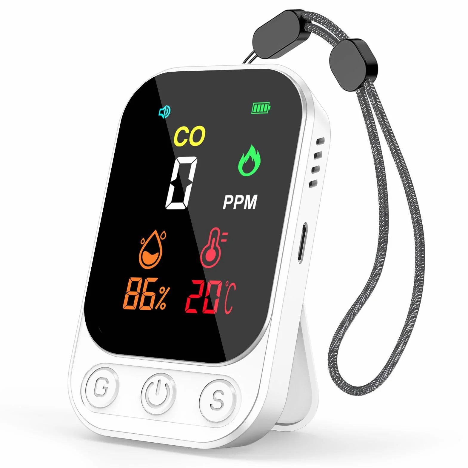 RealPlus Detector de Monóxido de Carbono Portátil 3-en-1 - Detector CO, Temperatura y Humedad con Alarma de 85 dB, Recargable, con Soporte y Agujero de Fijación para Viajes, Camping, Hotel y Casa