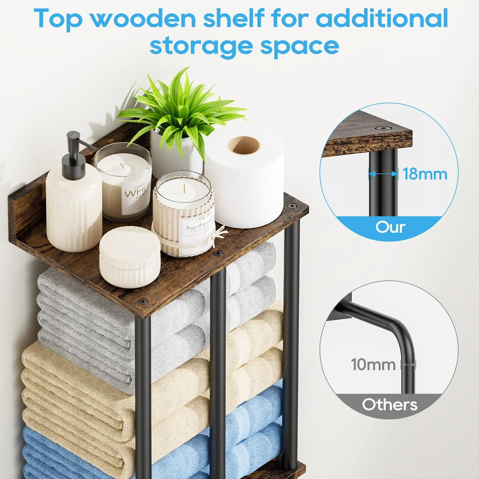 Soporte para Toallas de Pared con Estante de Madera - Organizador de Baño con 3 Barras, Gran Capacidad y Fácil Instalación - Ideal para Toallas Enrolladas - Marrón
